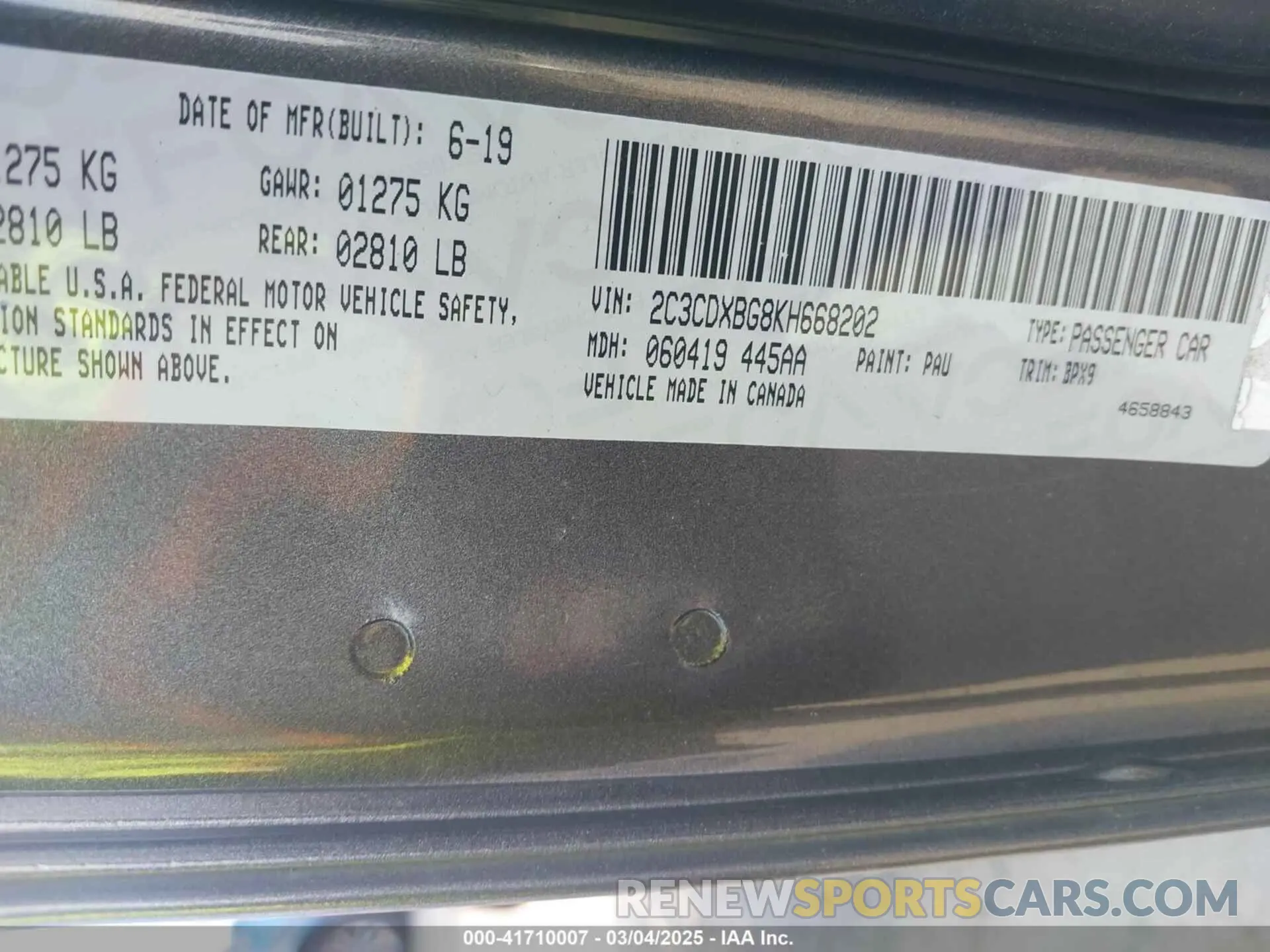 9 fotografías del automóvil dañado 2C3CDXBG8KH668202 DODGE CHARGER 2019