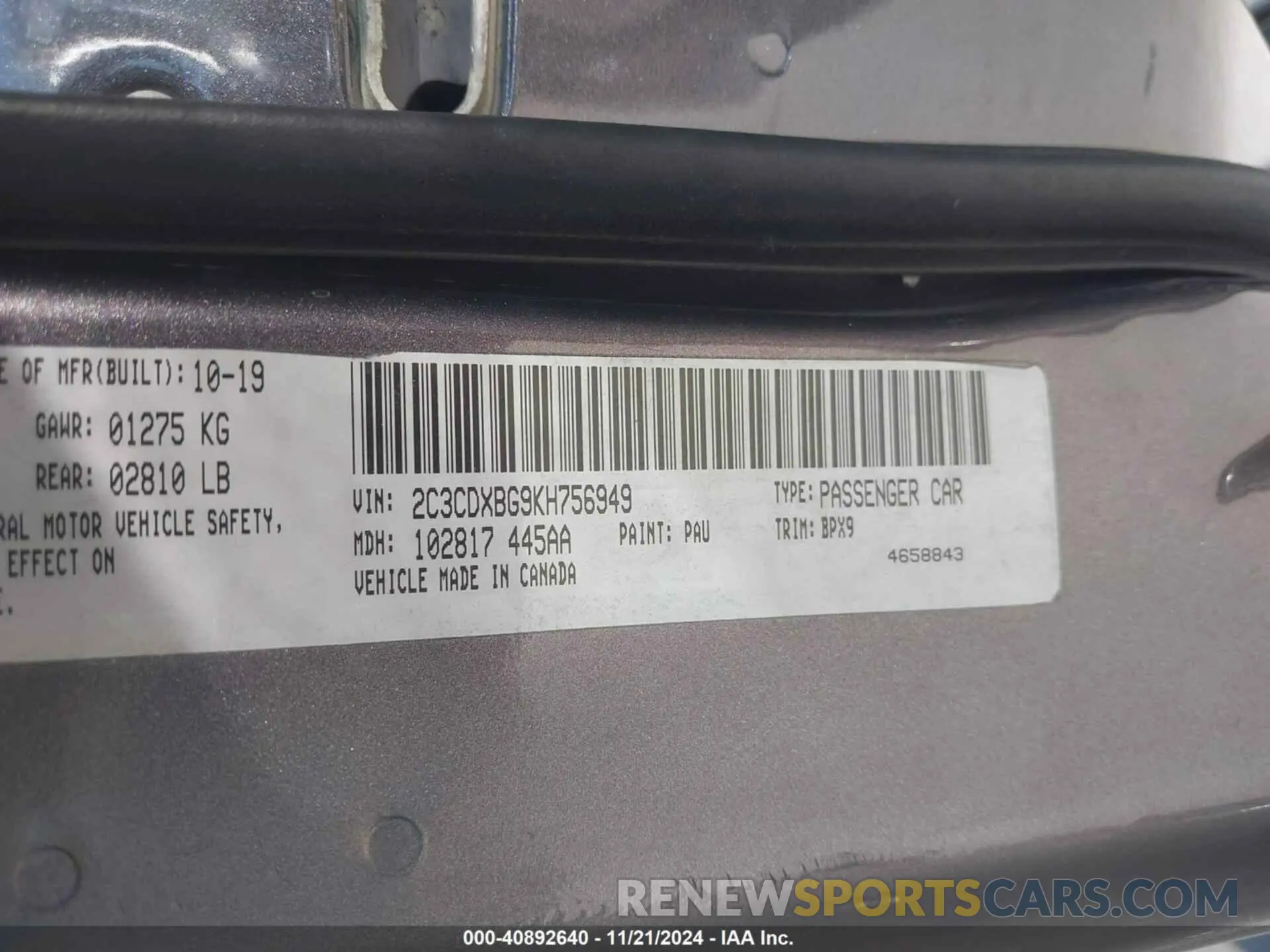 9 fotografías del automóvil dañado 2C3CDXBG9KH756949 DODGE CHARGER 2019