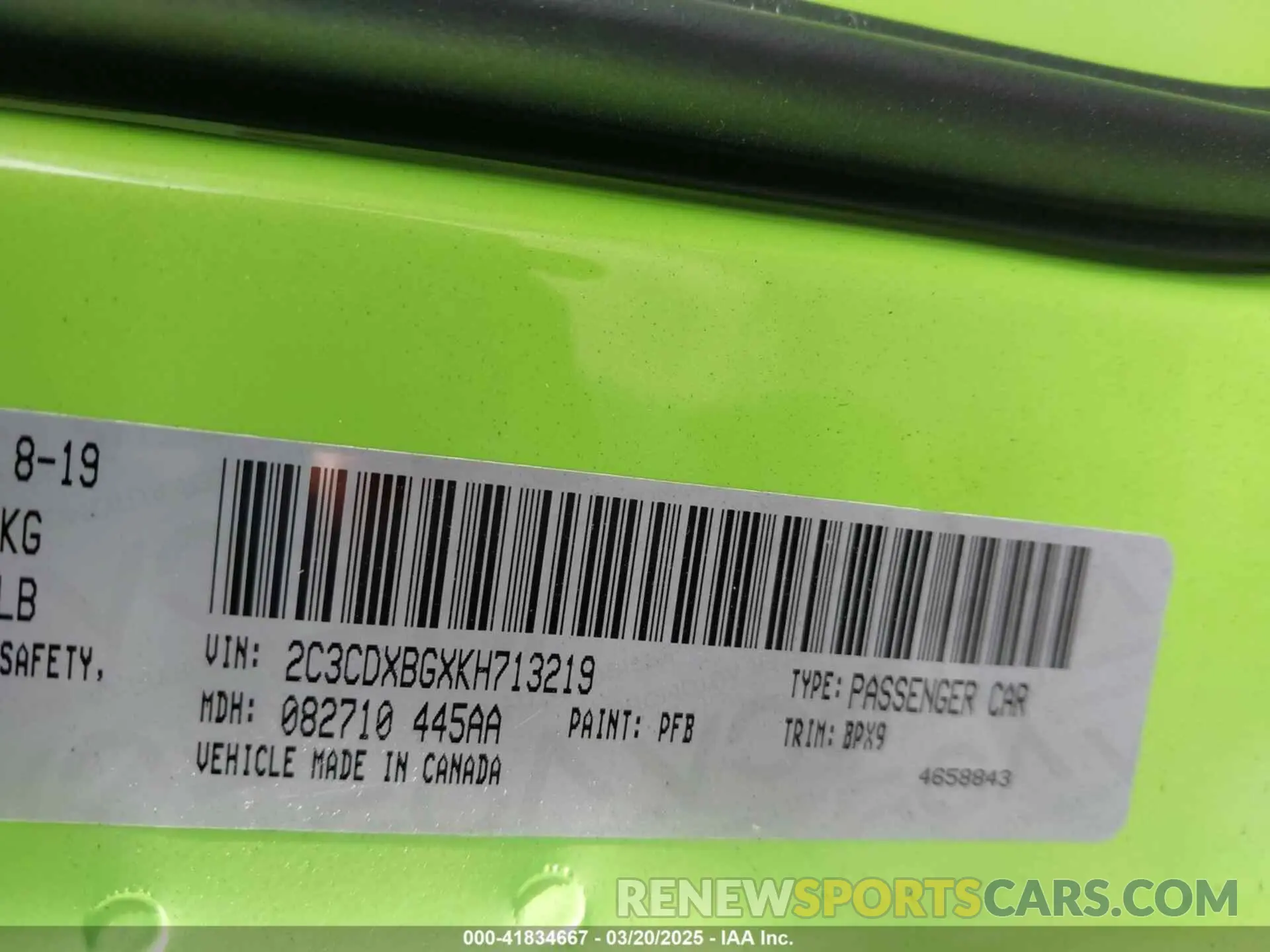 9 fotografías del automóvil dañado 2C3CDXBGXKH713219 DODGE CHARGER 2019