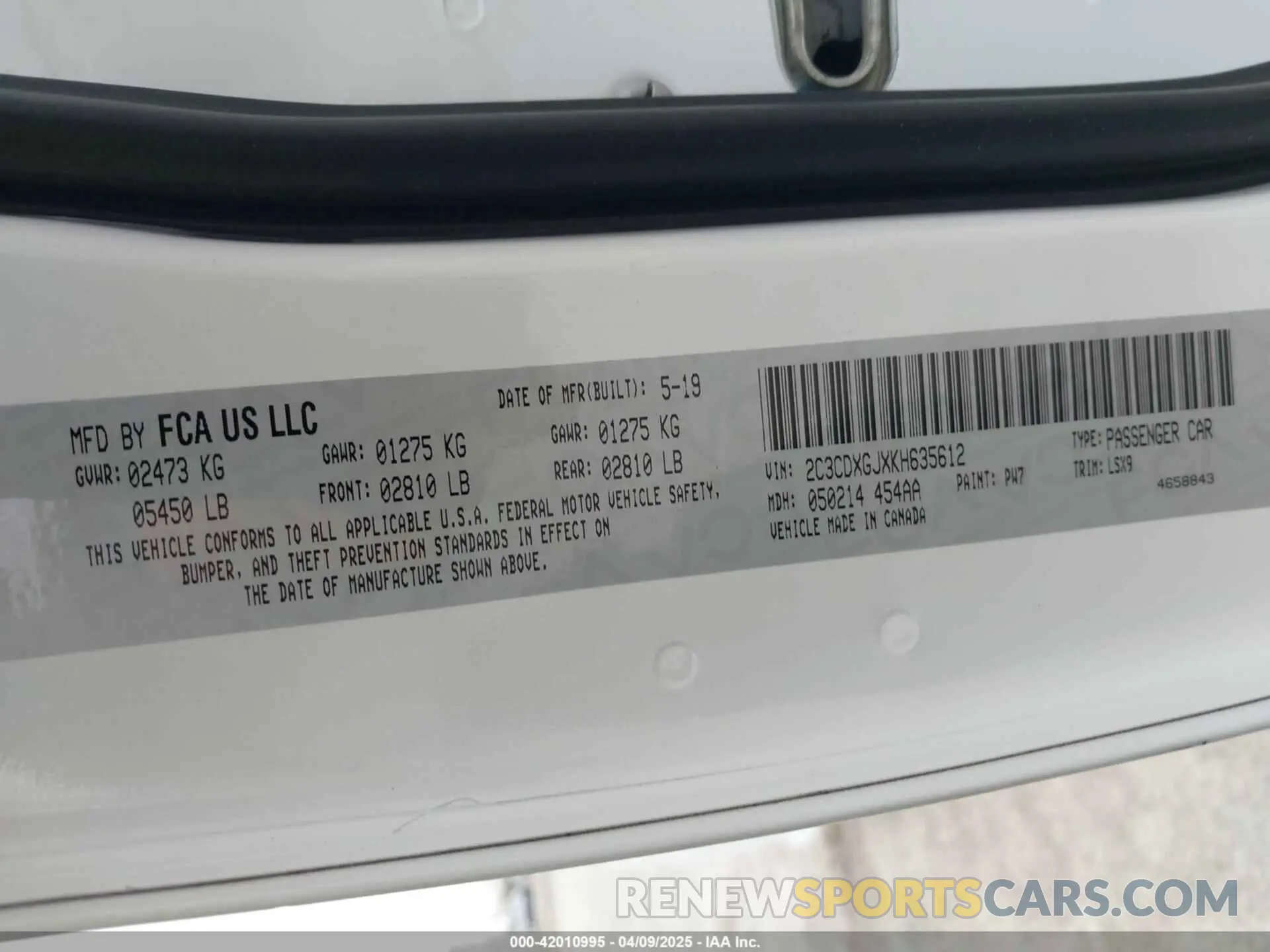 9 fotografías del automóvil dañado 2C3CDXGJXKH635612 DODGE CHARGER 2019