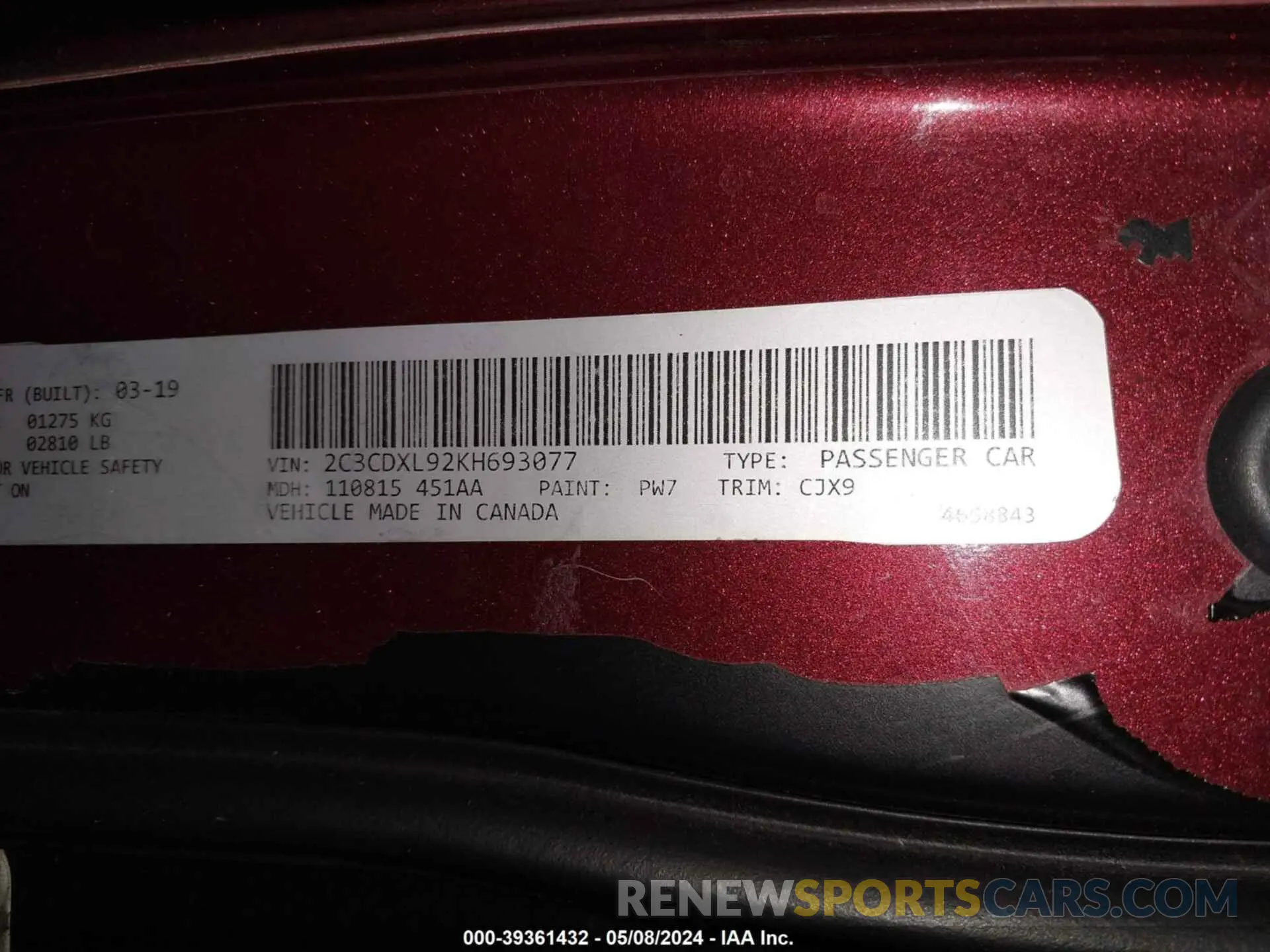 9 fotografías del automóvil dañado 2C3CDXL92KH693077 DODGE CHARGER 2019