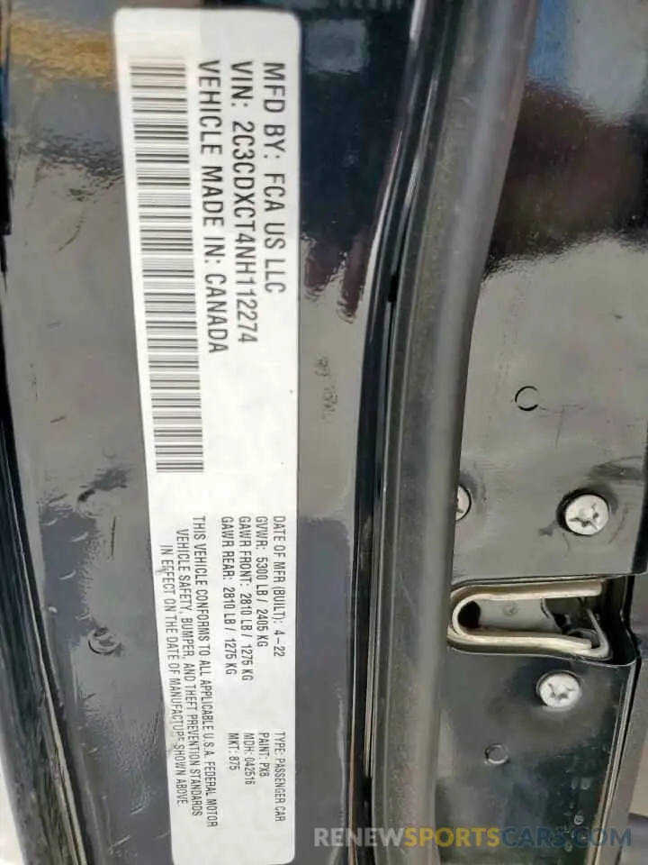 12 fotografías del automóvil dañado 2C3CDXCT4NH112274 DODGE CHARGER 2022