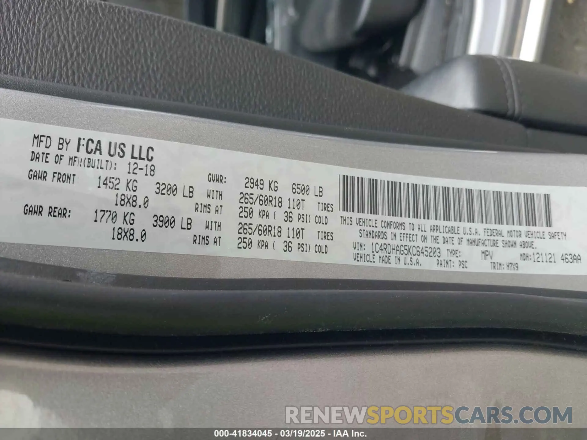 9 fotografías del automóvil dañado 1C4RDHAG5KC645203 DODGE DURANGO 2019