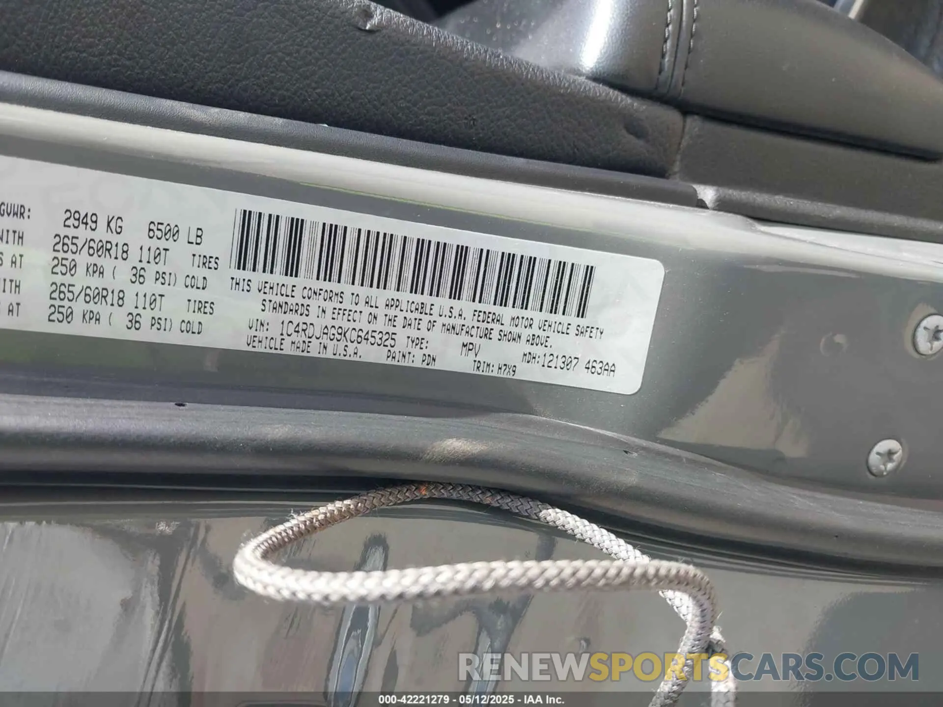 9 fotografías del automóvil dañado 1C4RDJAG9KC645325 DODGE DURANGO 2019