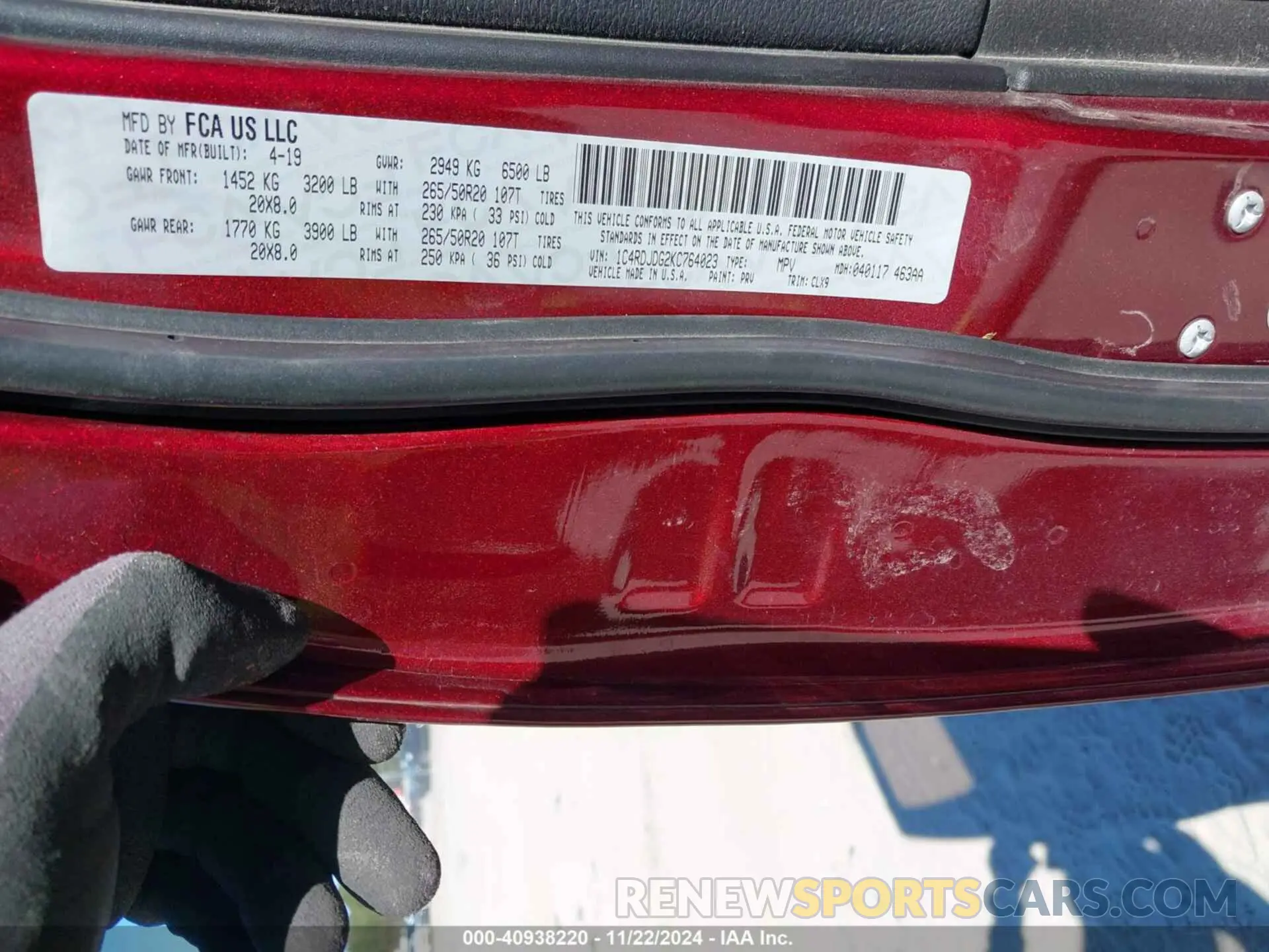 9 fotografías del automóvil dañado 1C4RDJDG2KC764023 DODGE DURANGO 2019