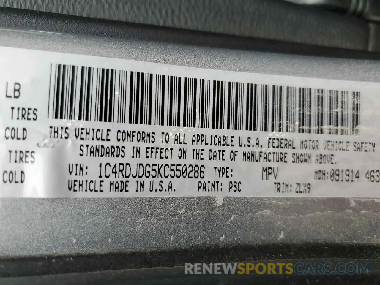 15 fotografías del automóvil dañado 1C4RDJDG5KC550286 DODGE DURANGO 2019