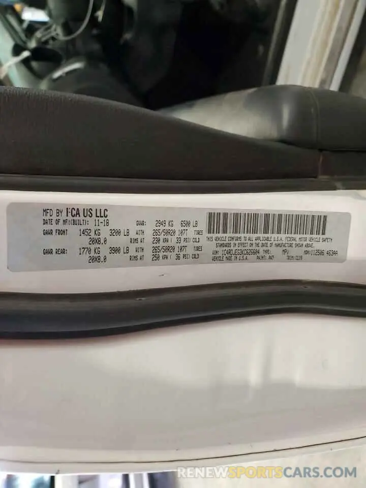 13 fotografías del automóvil dañado 1C4RDJEG3KC626604 DODGE DURANGO 2019