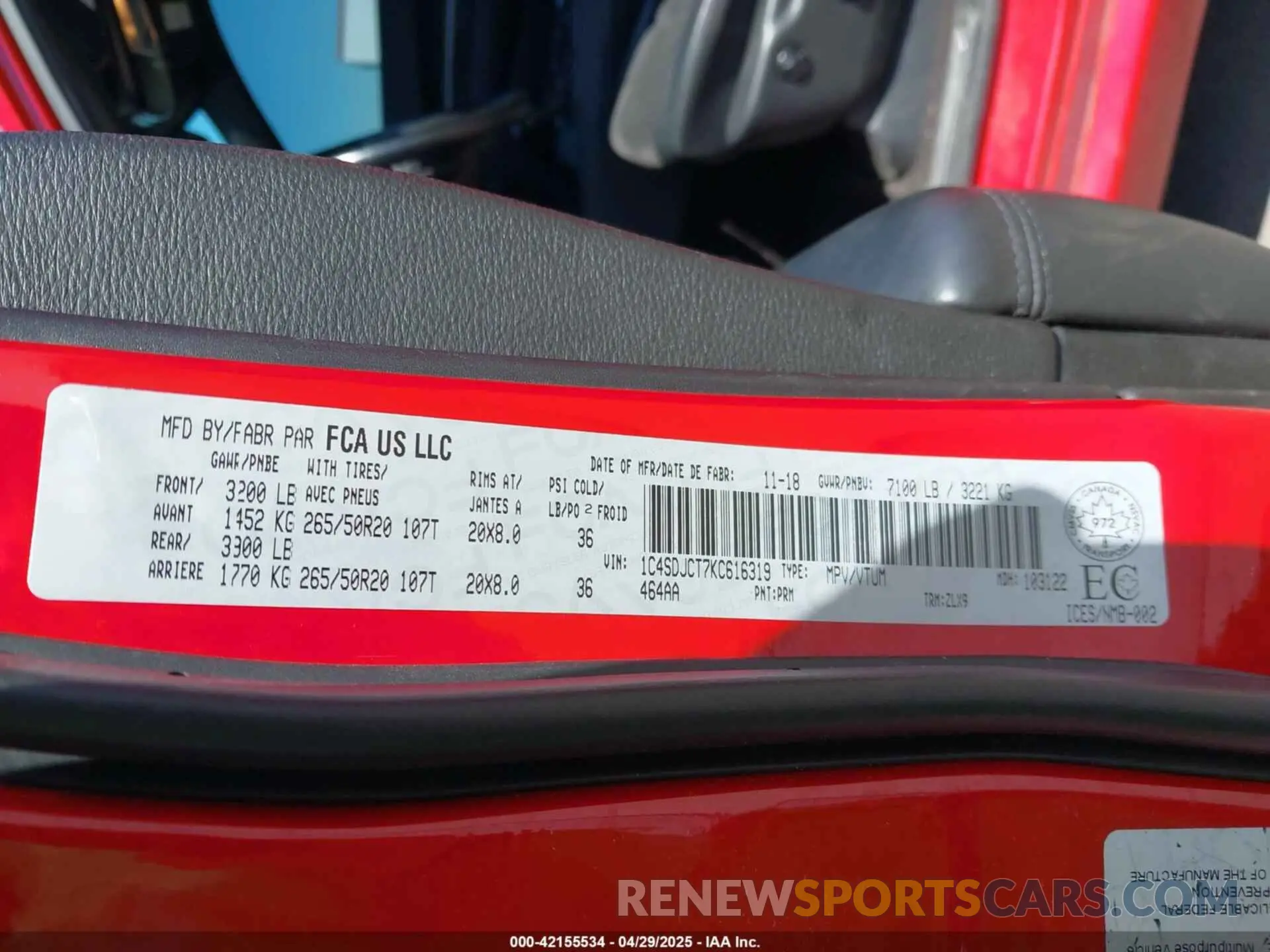 9 fotografías del automóvil dañado 1C4SDJCT7KC616319 DODGE DURANGO 2019