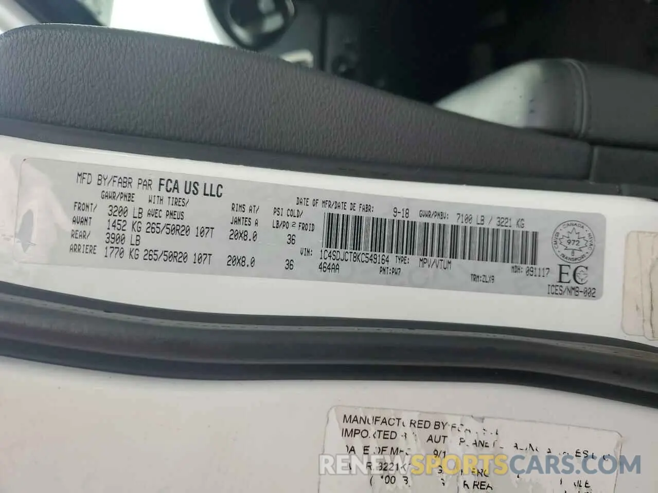 15 fotografías del automóvil dañado 1C4SDJCT8KC549164 DODGE DURANGO 2019