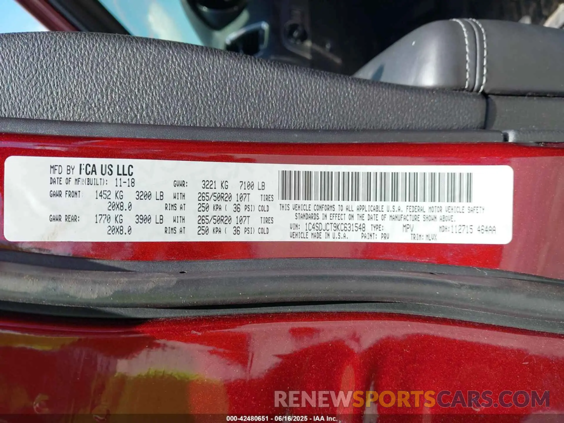 9 fotografías del automóvil dañado 1C4SDJCT9KC631548 DODGE DURANGO 2019