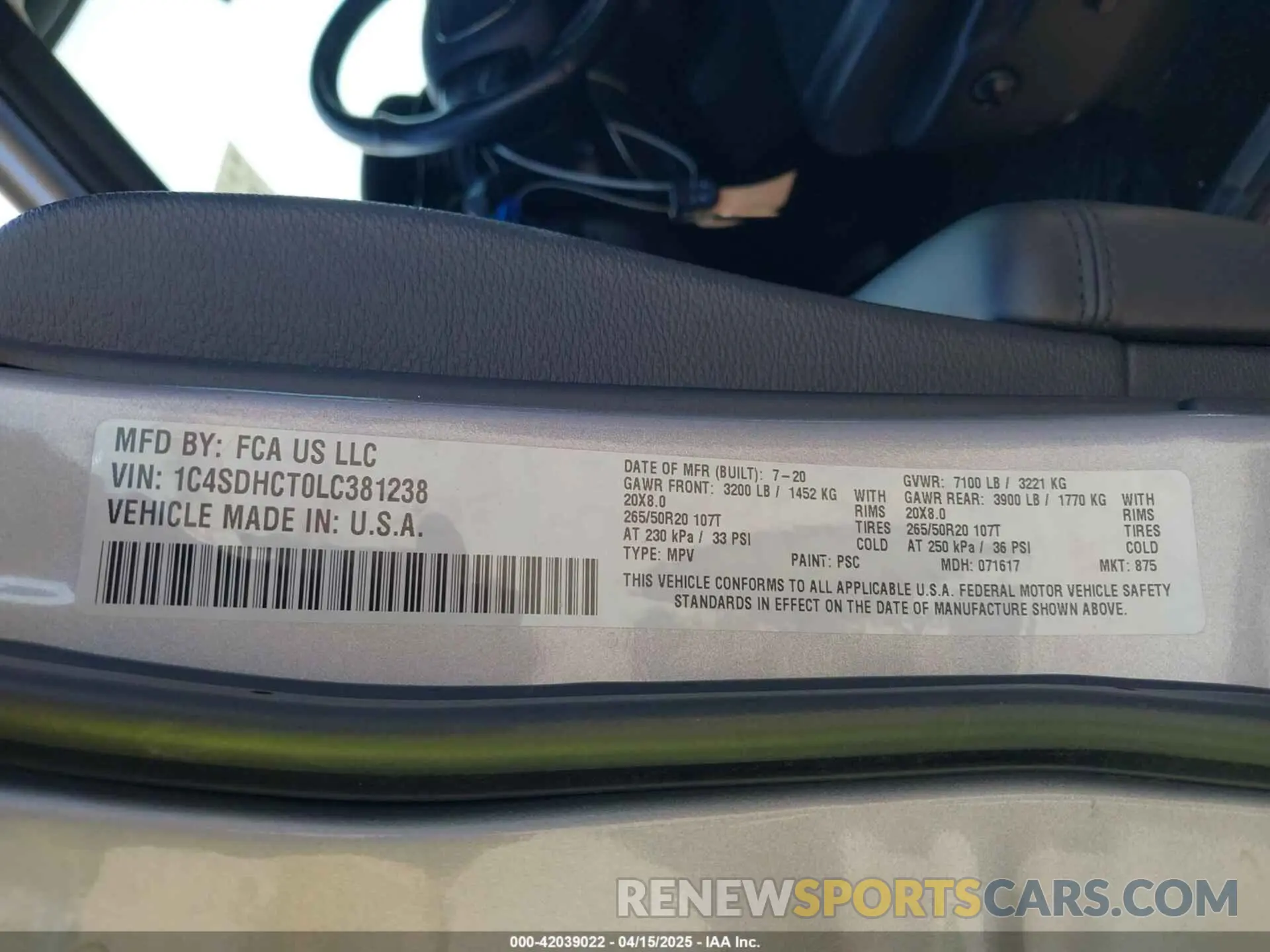 9 fotografías del automóvil dañado 1C4SDHCT0LC381238 DODGE DURANGO 2020