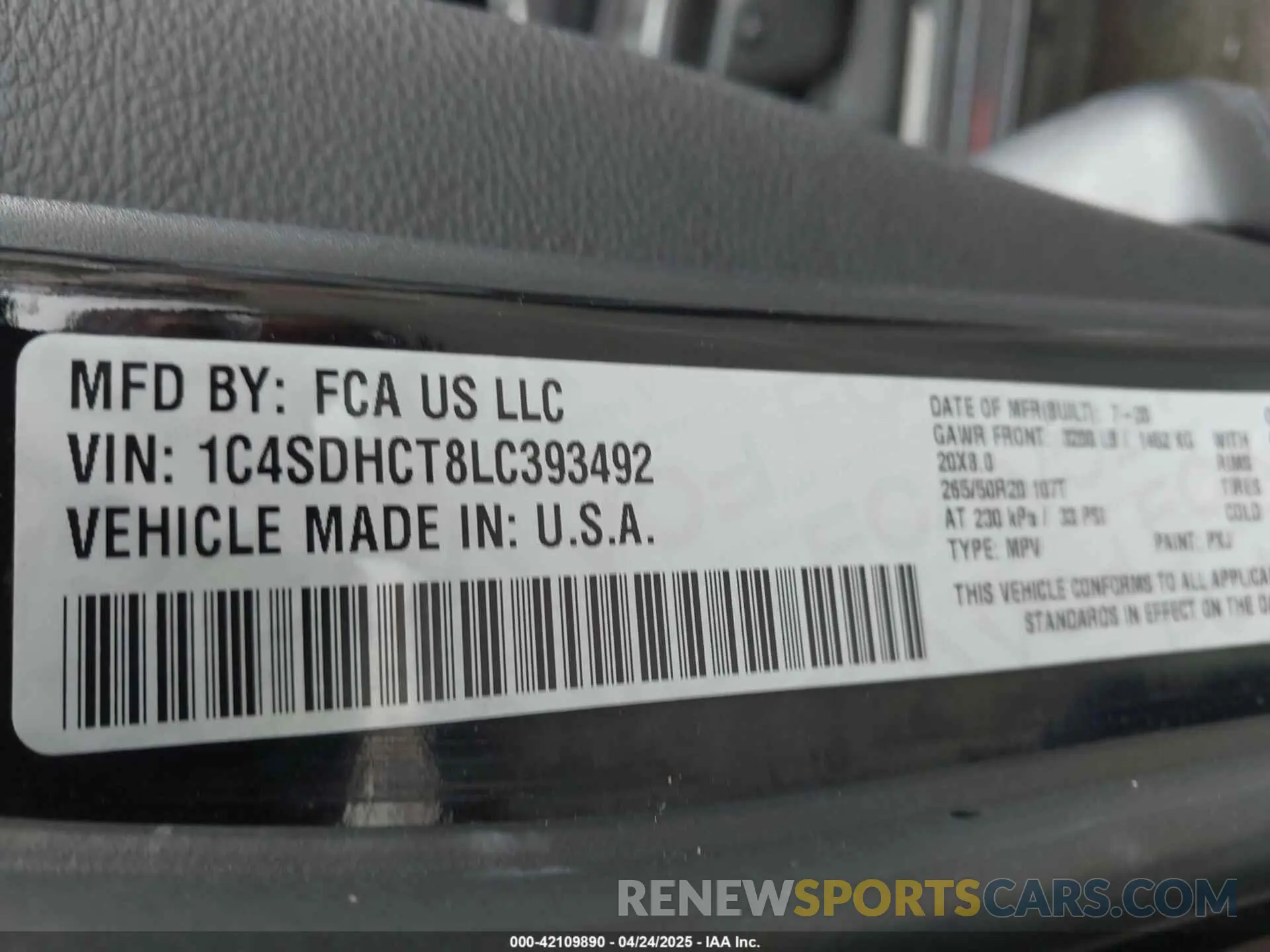 9 fotografías del automóvil dañado 1C4SDHCT8LC393492 DODGE DURANGO 2020