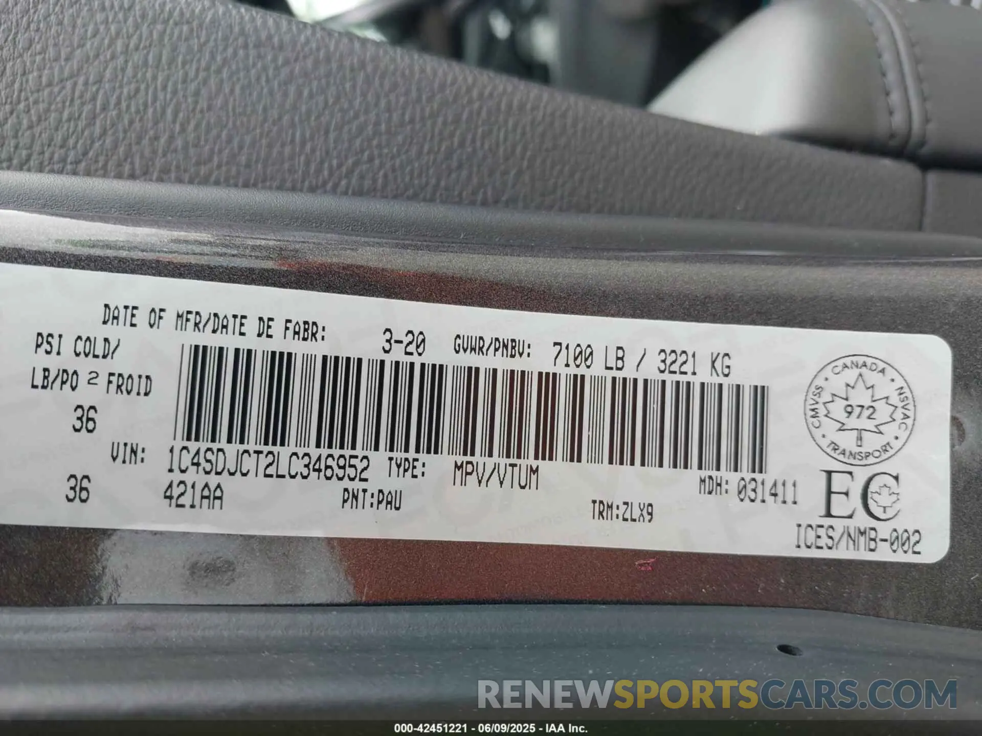 9 fotografías del automóvil dañado 1C4SDJCT2LC346952 DODGE DURANGO 2020