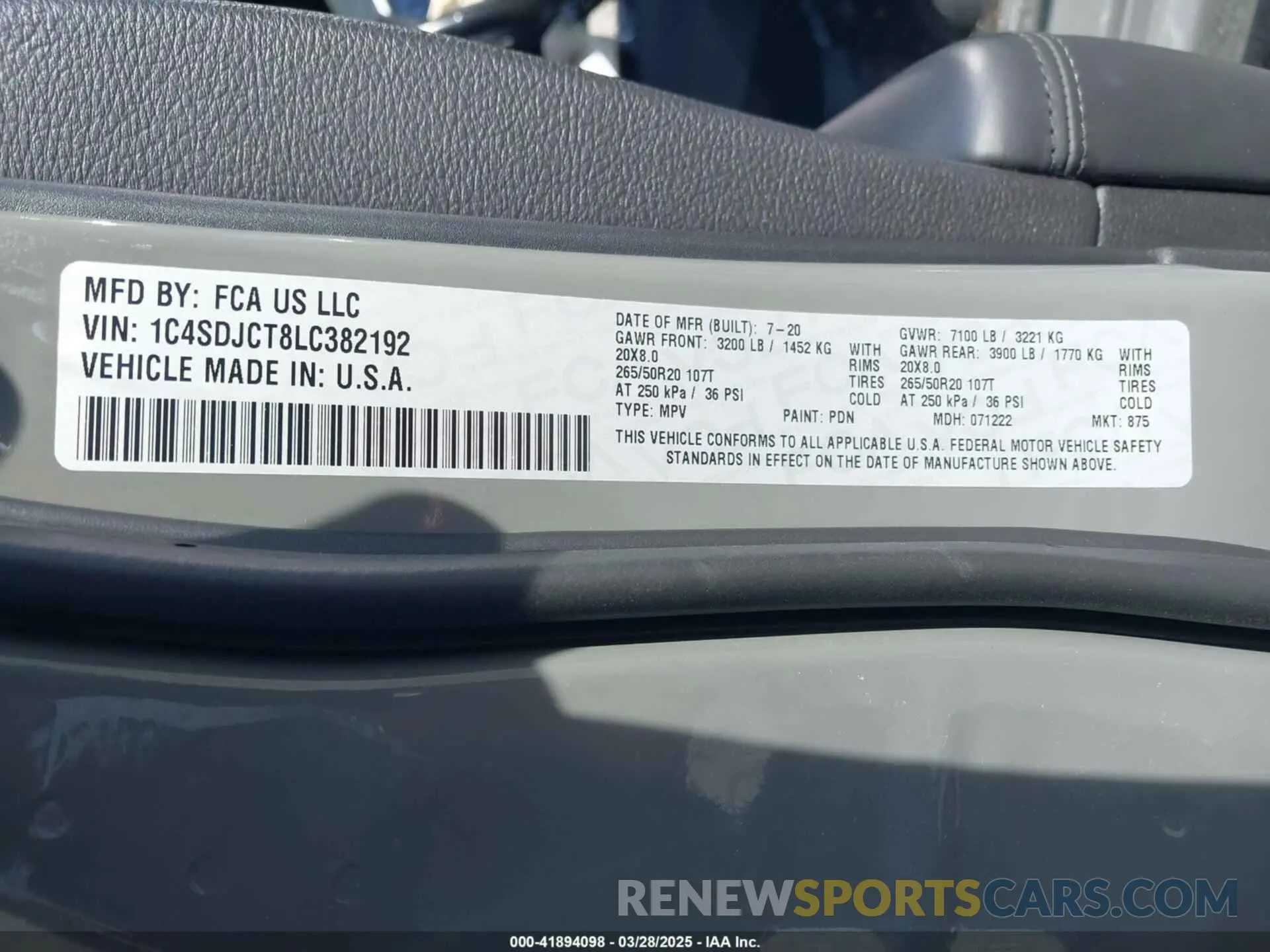 9 fotografías del automóvil dañado 1C4SDJCT8LC382192 DODGE DURANGO 2020
