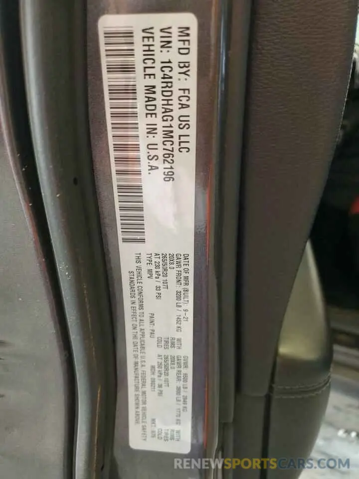 15 fotografías del automóvil dañado 1C4RDHAG1MC762196 DODGE DURANGO 2021