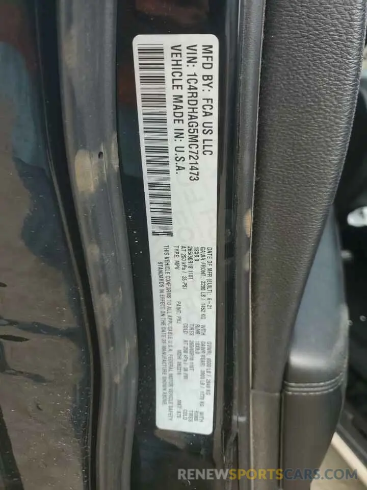 14 fotografías del automóvil dañado 1C4RDHAG5MC721473 DODGE DURANGO 2021