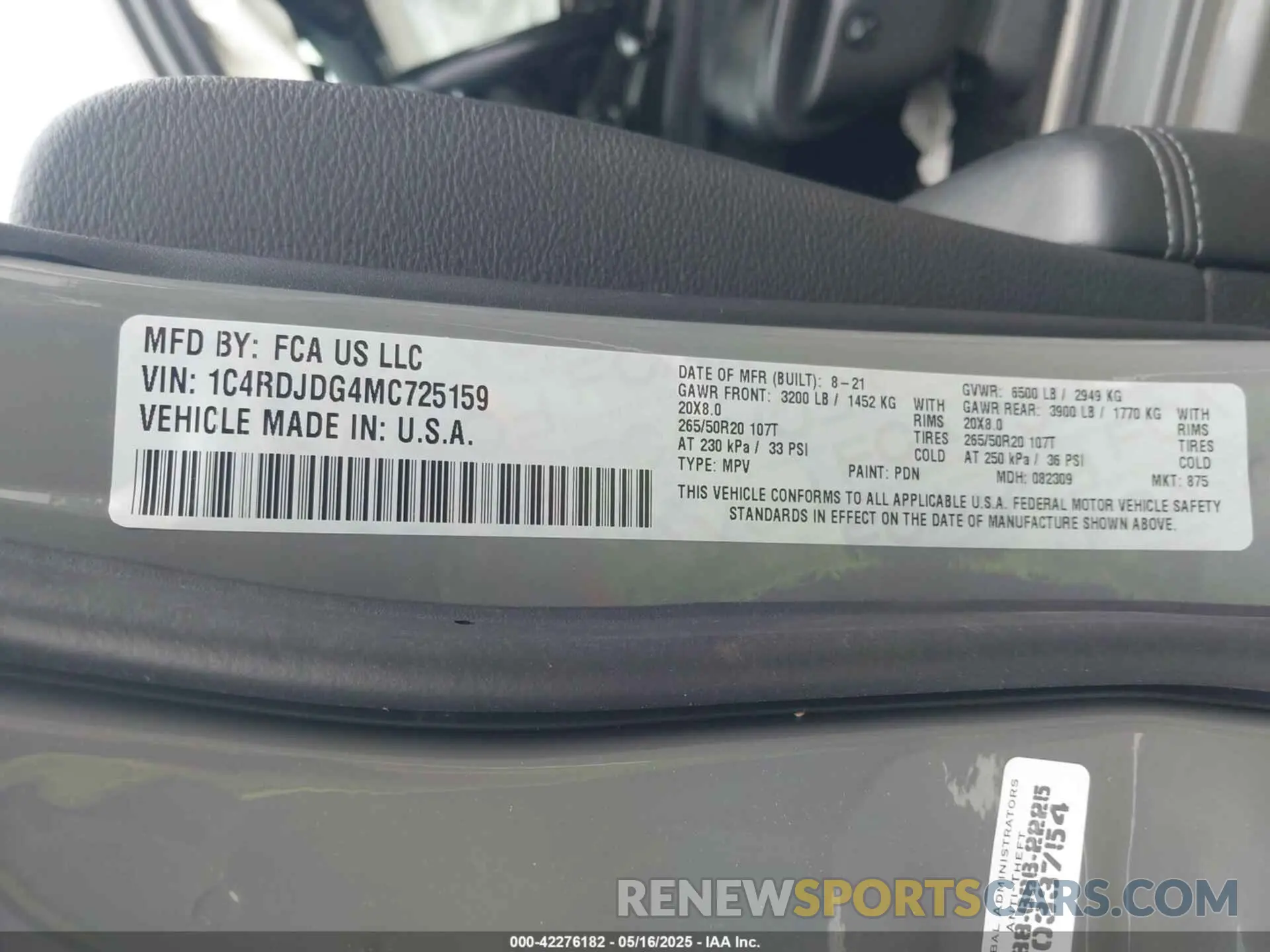 9 fotografías del automóvil dañado 1C4RDJDG4MC725159 DODGE DURANGO 2021