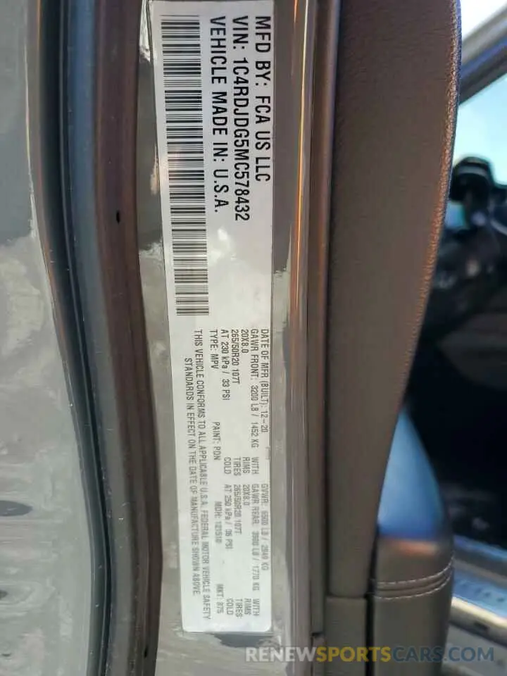 13 fotografías del automóvil dañado 1C4RDJDG5MC578432 DODGE DURANGO 2021