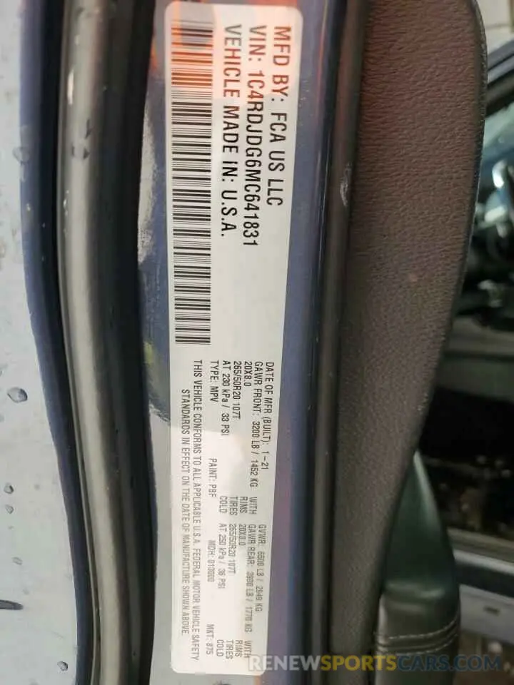 14 fotografías del automóvil dañado 1C4RDJDG6MC641831 DODGE DURANGO 2021