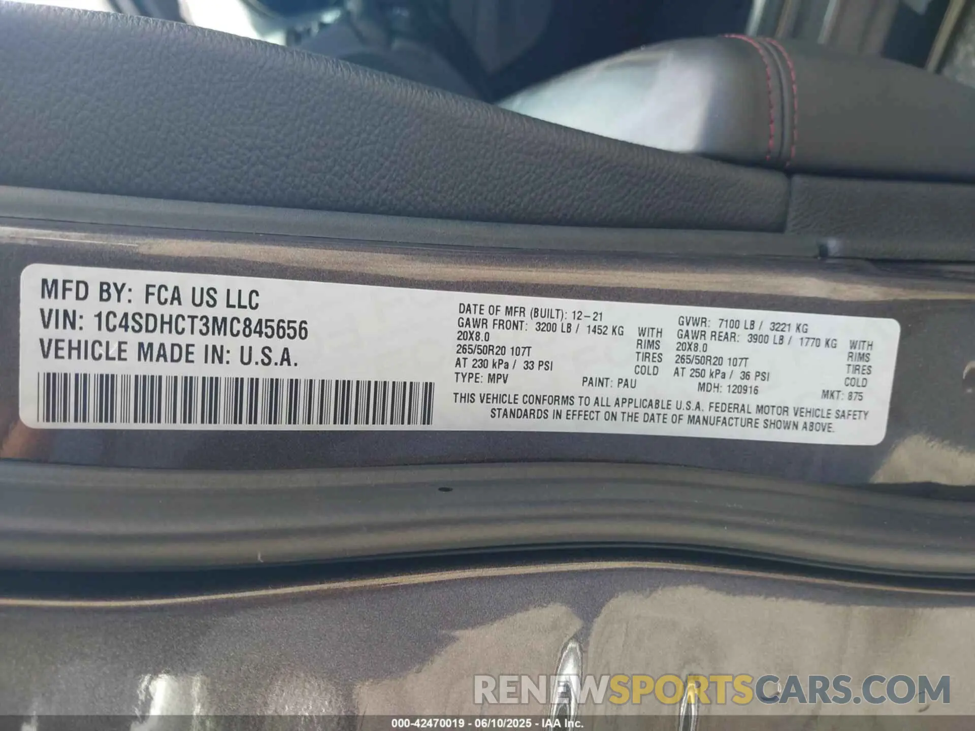 9 fotografías del automóvil dañado 1C4SDHCT3MC845656 DODGE DURANGO 2021