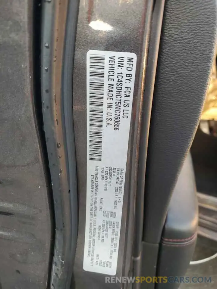 13 fotografías del automóvil dañado 1C4SDHCT5MC760656 DODGE DURANGO 2021