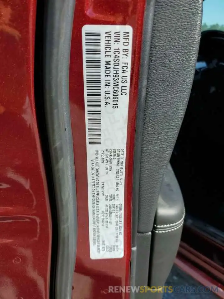 14 fotografías del automóvil dañado 1C4SDJH93MC606015 DODGE DURANGO 2021