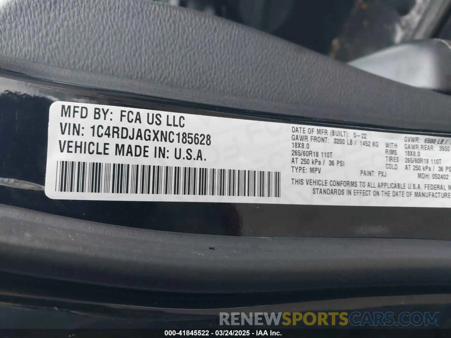 9 fotografías del automóvil dañado 1C4RDJAGXNC185628 DODGE DURANGO 2022