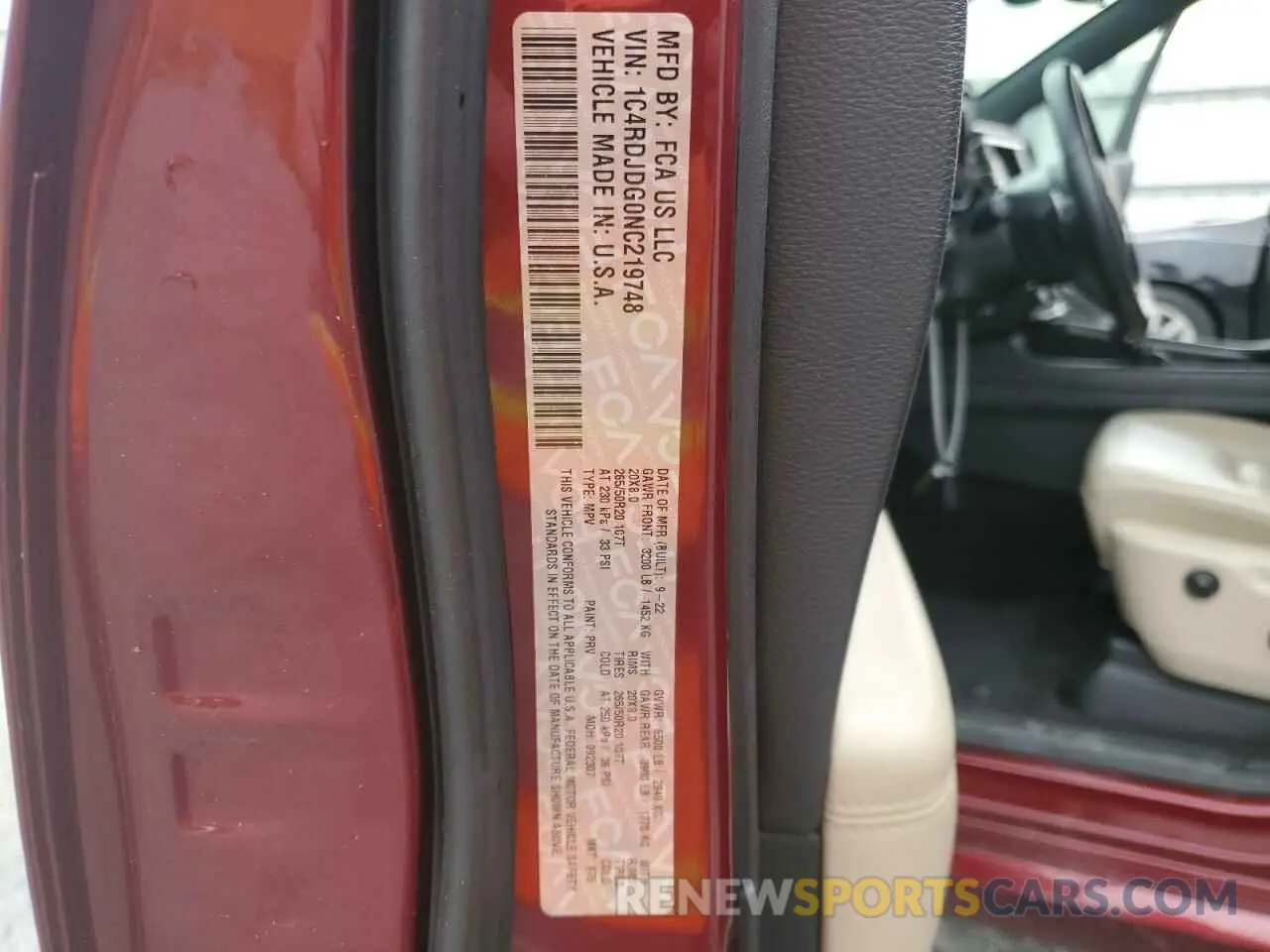 14 fotografías del automóvil dañado 1C4RDJDG0NC219748 DODGE DURANGO 2022