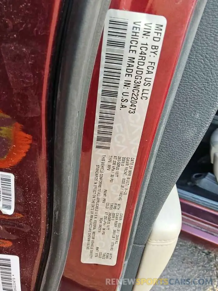 14 fotografías del automóvil dañado 1C4RDJDG3NC220473 DODGE DURANGO 2022