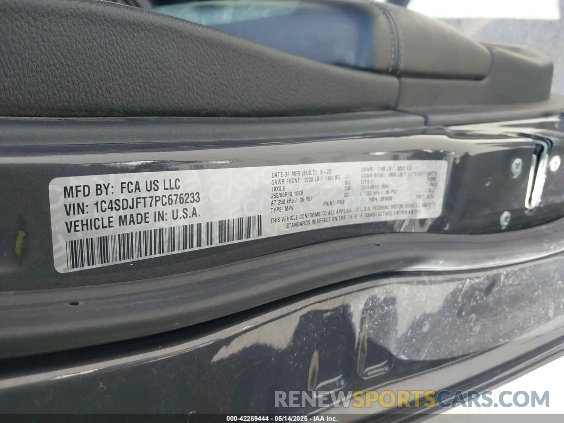 9 fotografías del automóvil dañado 1C4SDJFT7PC676233 DODGE DURANGO 2023