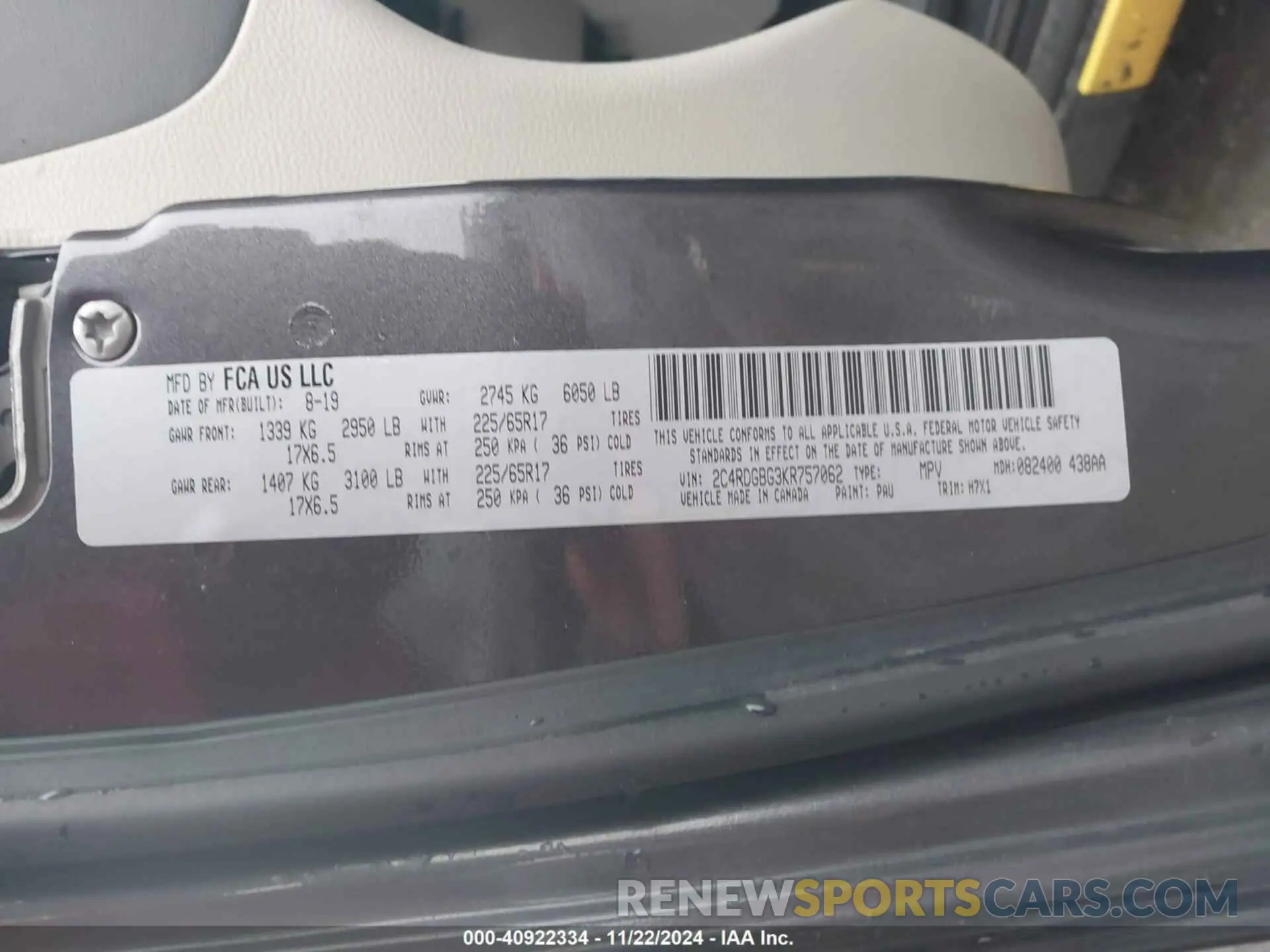 9 fotografías del automóvil dañado 2C4RDGBG3KR757062 DODGE GRAND CARAVAN 2019