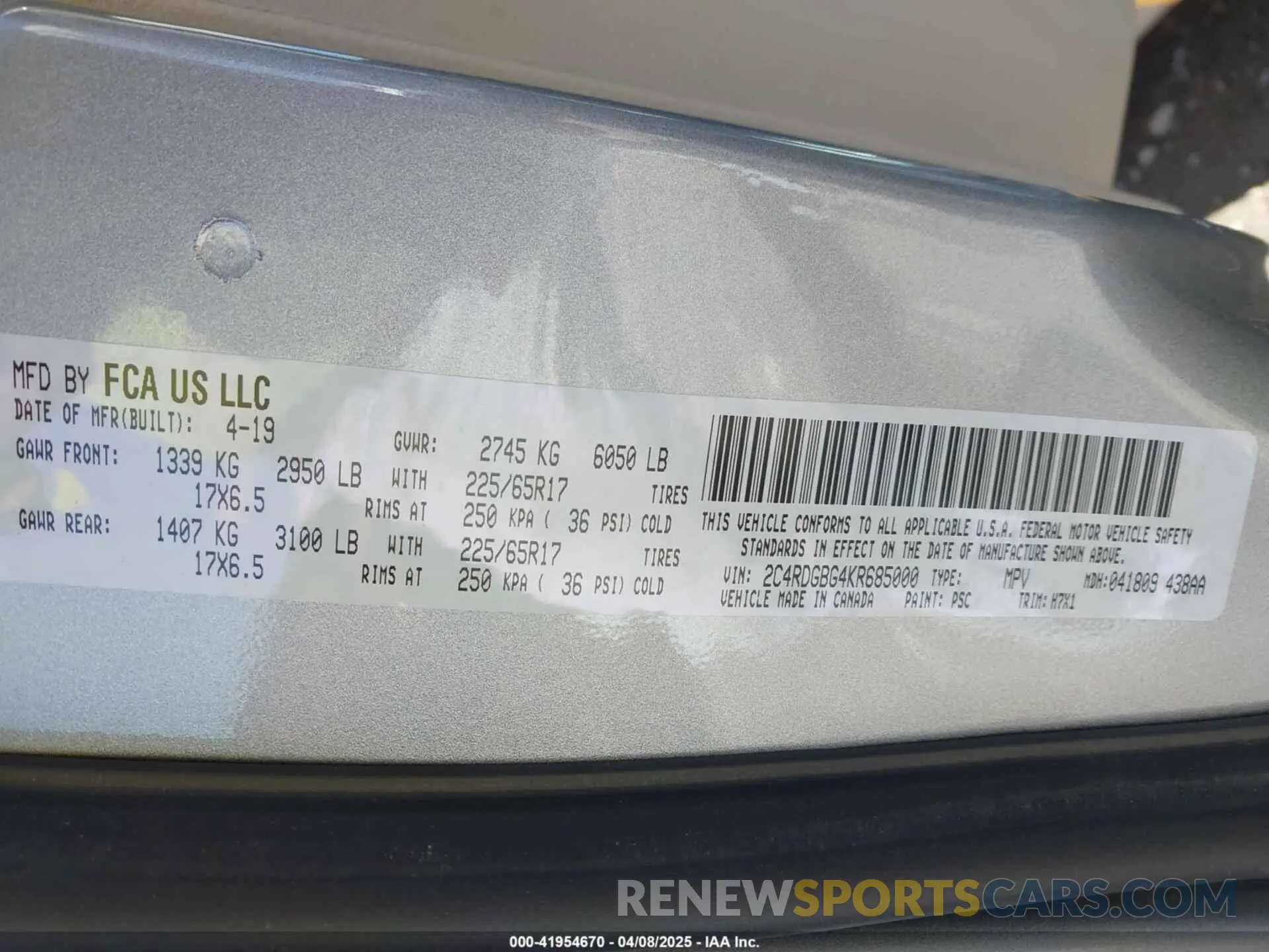 9 fotografías del automóvil dañado 2C4RDGBG4KR685000 DODGE GRAND CARAVAN 2019