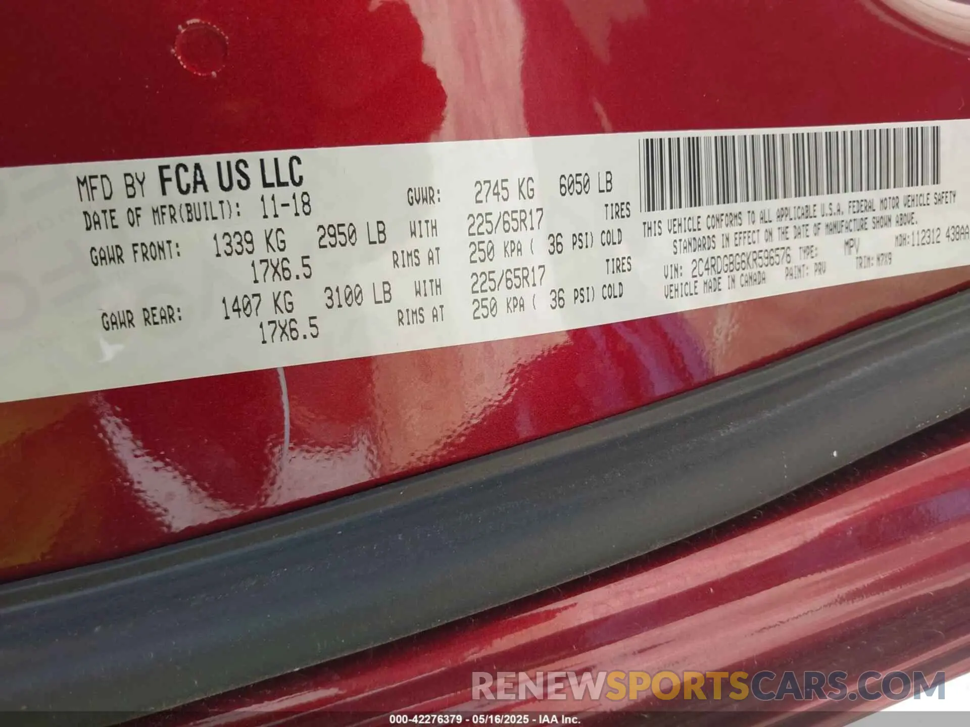 9 fotografías del automóvil dañado 2C4RDGBG6KR596576 DODGE GRAND CARAVAN 2019