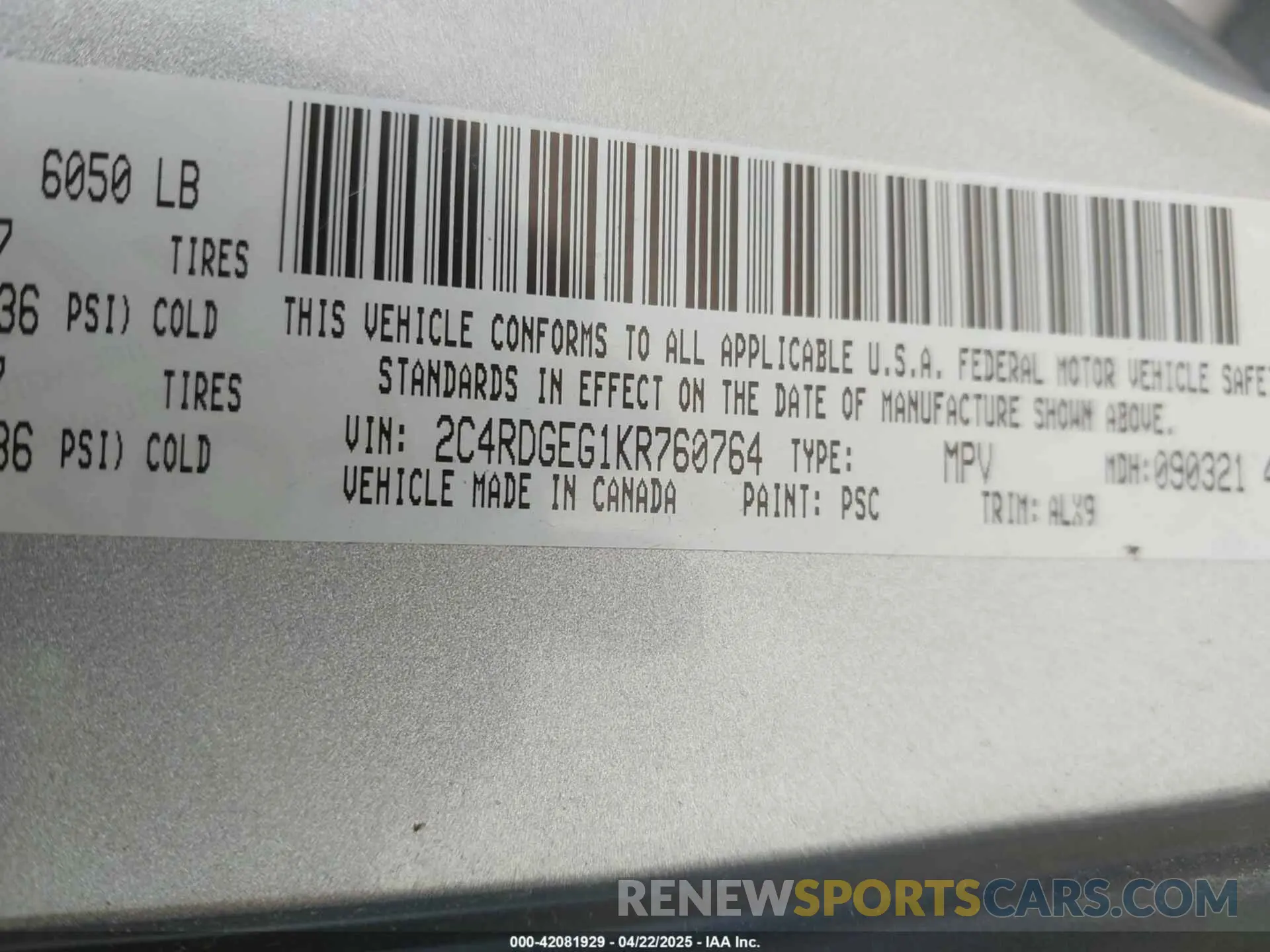 9 fotografías del automóvil dañado 2C4RDGEG1KR760764 DODGE GRAND CARAVAN 2019