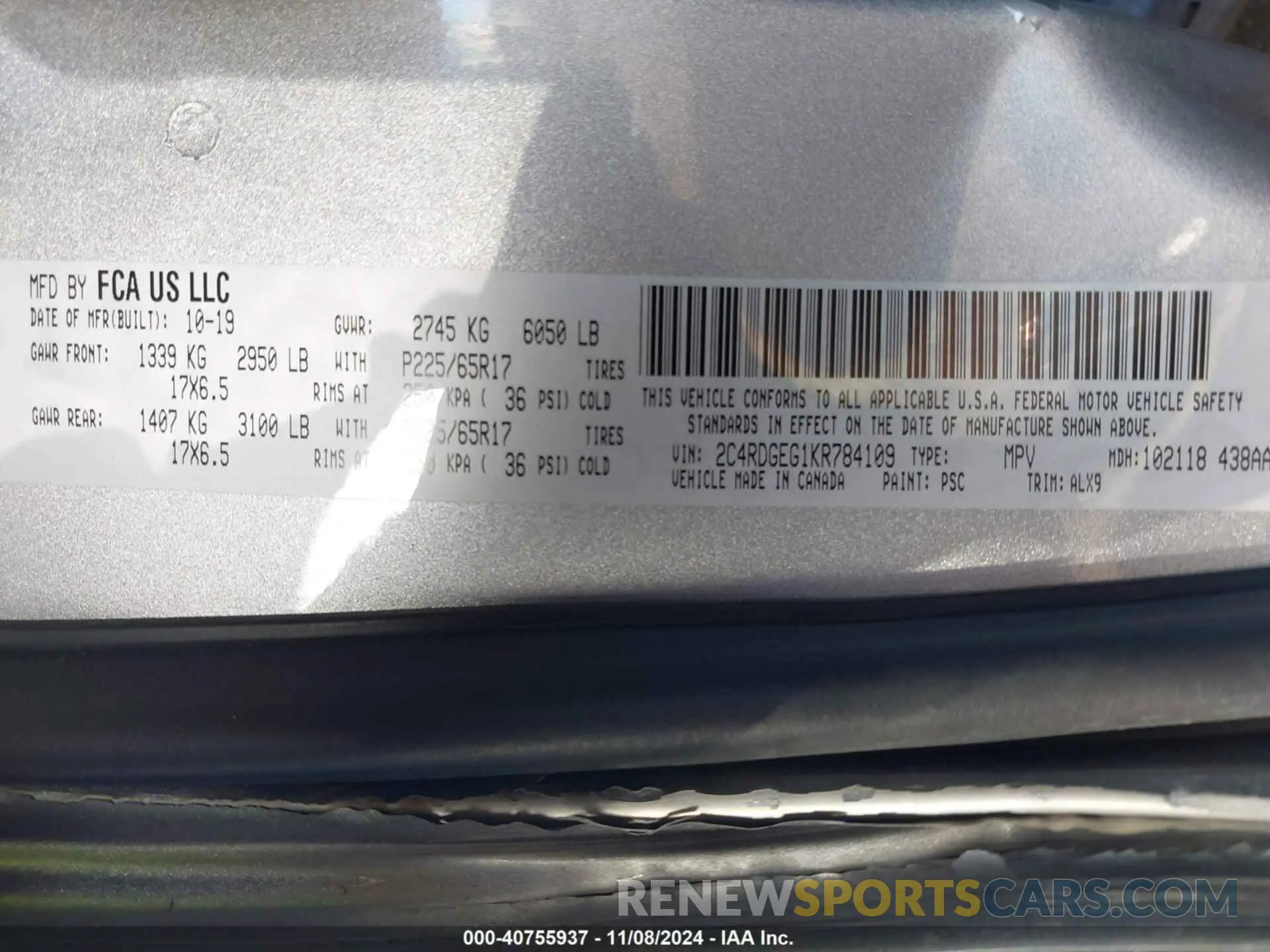 9 fotografías del automóvil dañado 2C4RDGEG1KR784109 DODGE GRAND CARAVAN 2019