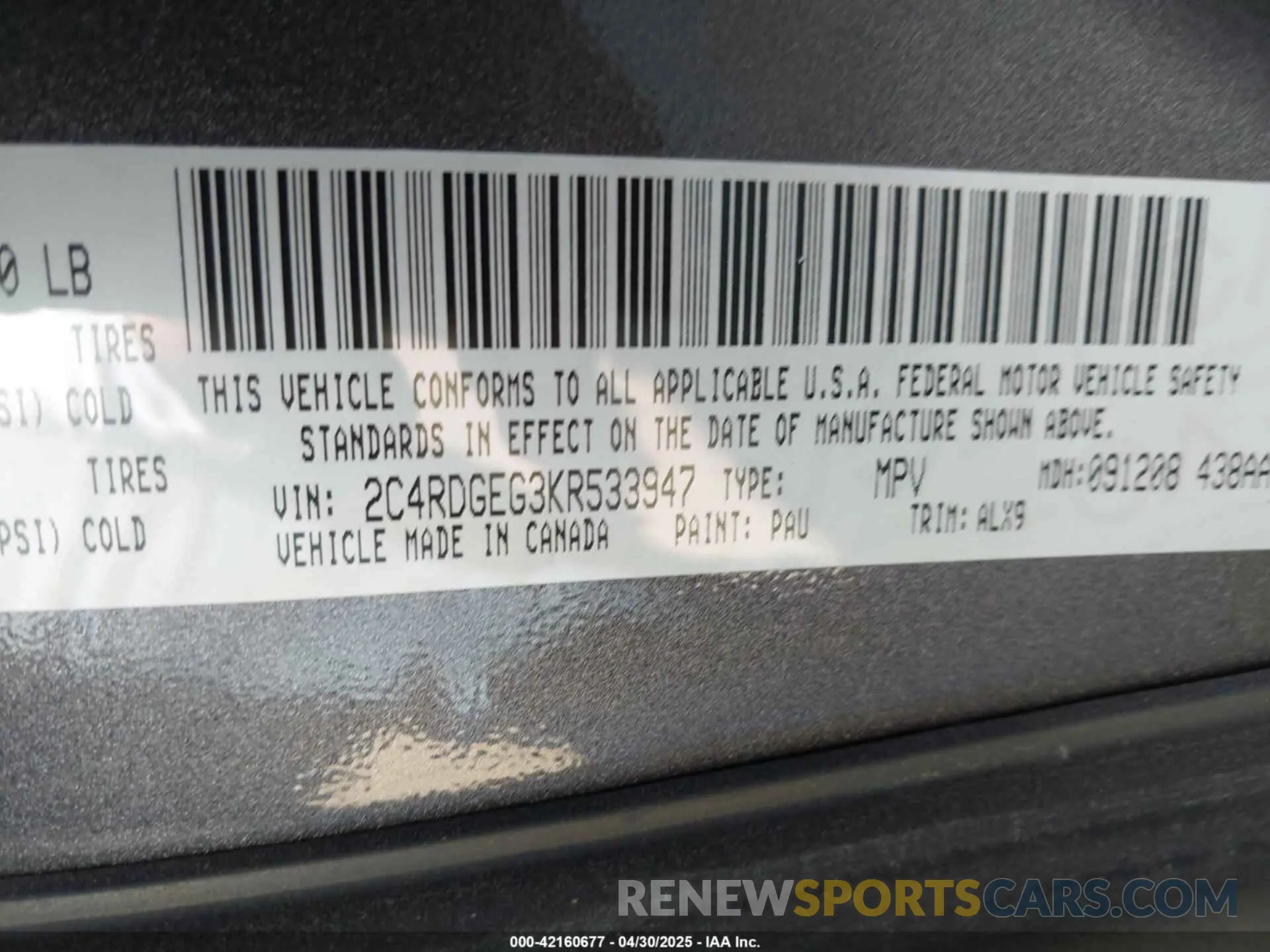 9 fotografías del automóvil dañado 2C4RDGEG3KR533947 DODGE GRAND CARAVAN 2019