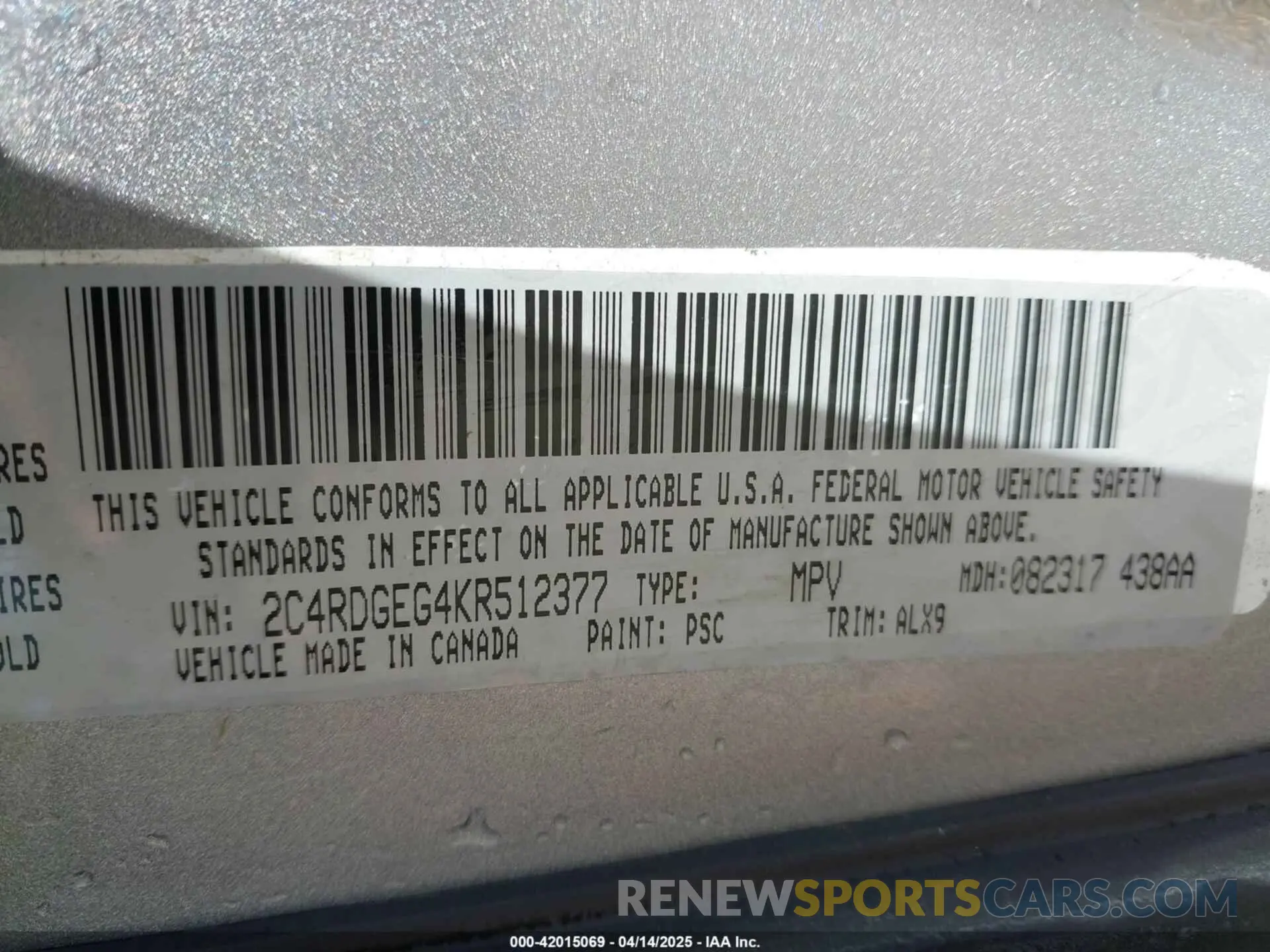 9 fotografías del automóvil dañado 2C4RDGEG4KR512377 DODGE GRAND CARAVAN 2019