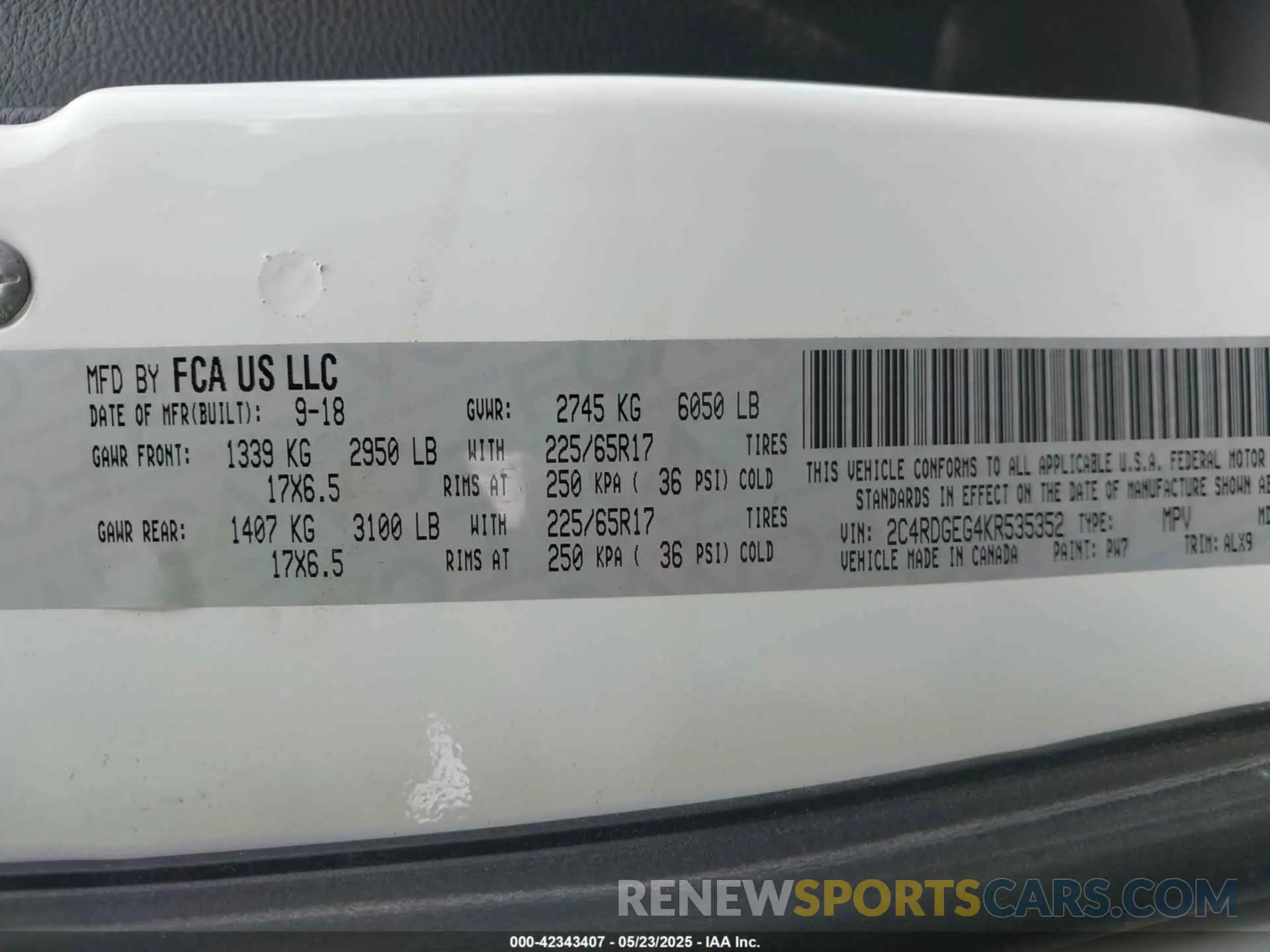 9 fotografías del automóvil dañado 2C4RDGEG4KR535352 DODGE GRAND CARAVAN 2019