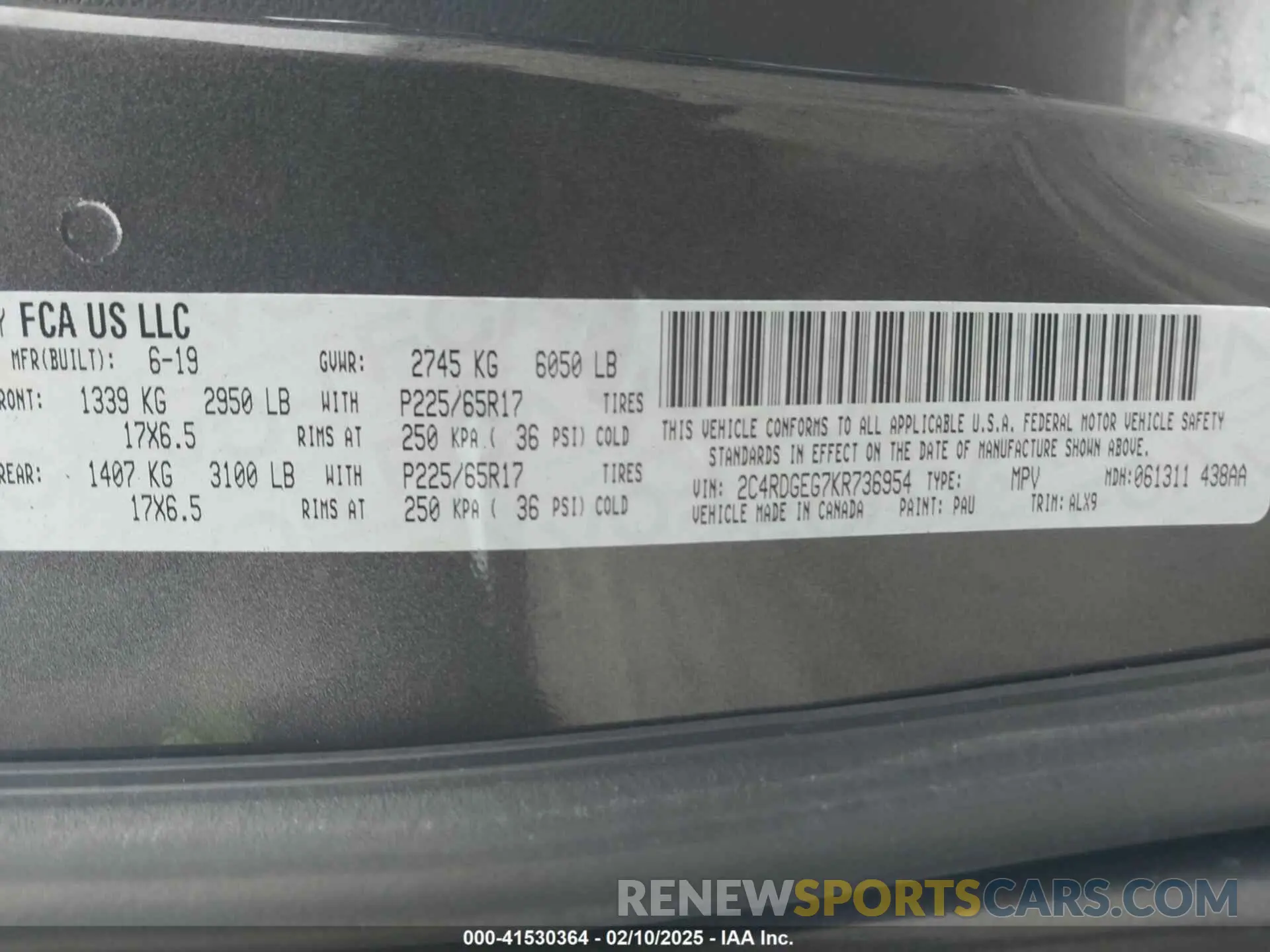 9 fotografías del automóvil dañado 2C4RDGEG7KR736954 DODGE GRAND CARAVAN 2019