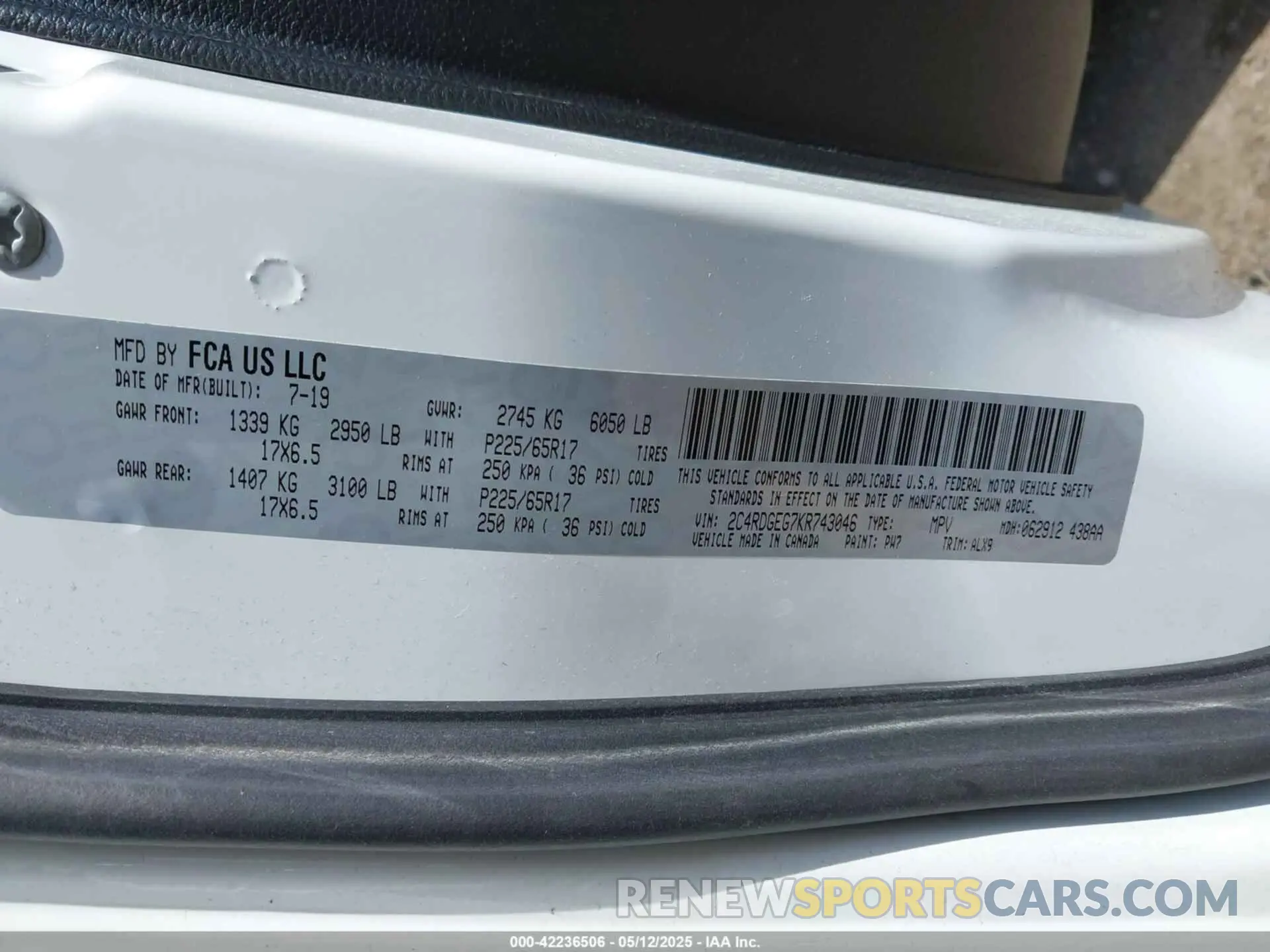 9 fotografías del automóvil dañado 2C4RDGEG7KR743046 DODGE GRAND CARAVAN 2019