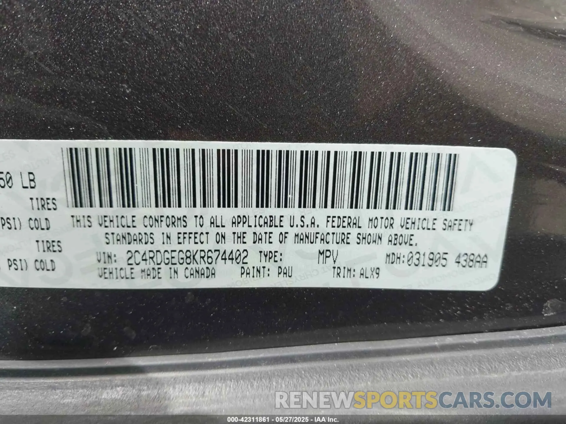 9 fotografías del automóvil dañado 2C4RDGEG8KR674402 DODGE GRAND CARAVAN 2019