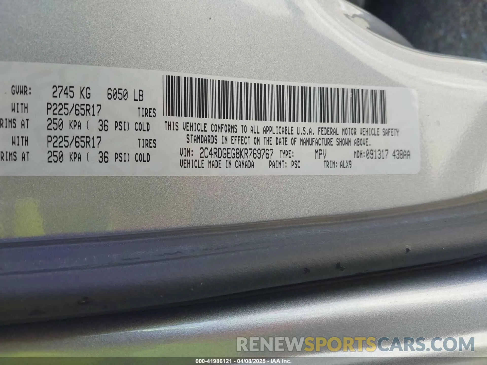 9 fotografías del automóvil dañado 2C4RDGEG8KR769767 DODGE GRAND CARAVAN 2019