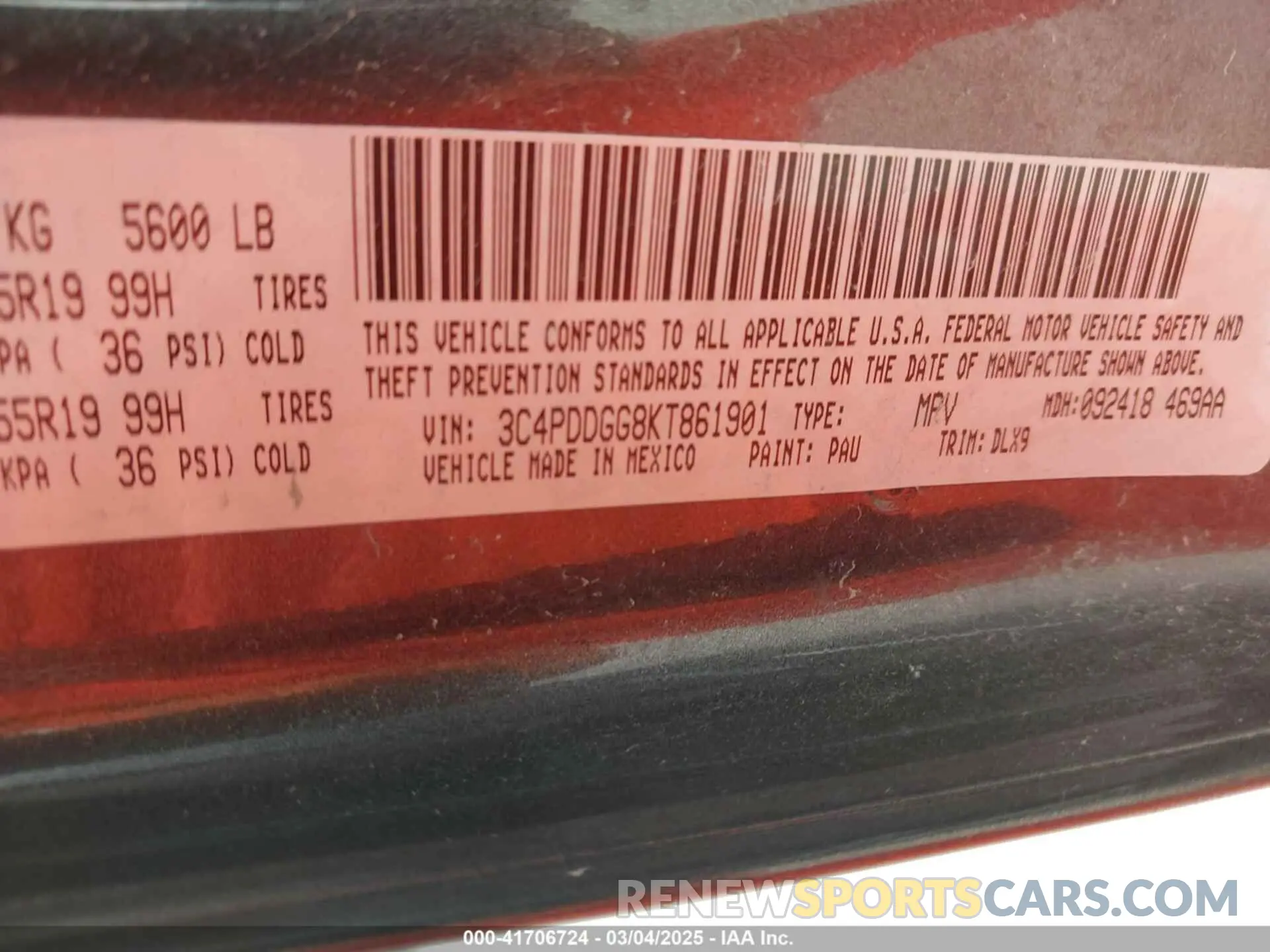 9 fotografías del automóvil dañado 3C4PDDGG8KT861901 DODGE JOURNEY 2019