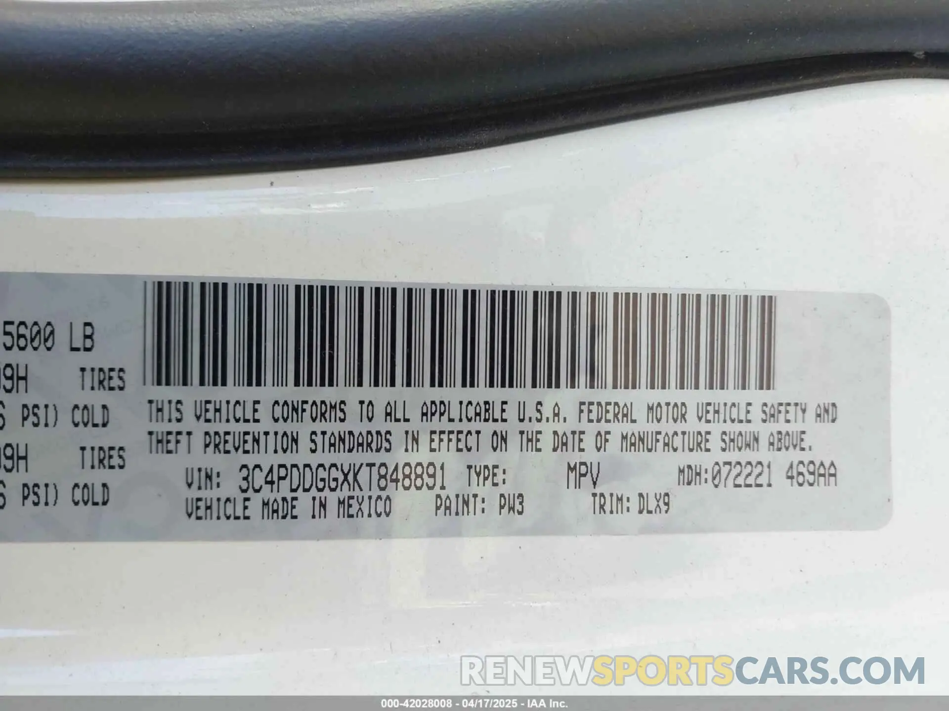 9 fotografías del automóvil dañado 3C4PDDGGXKT848891 DODGE JOURNEY 2019