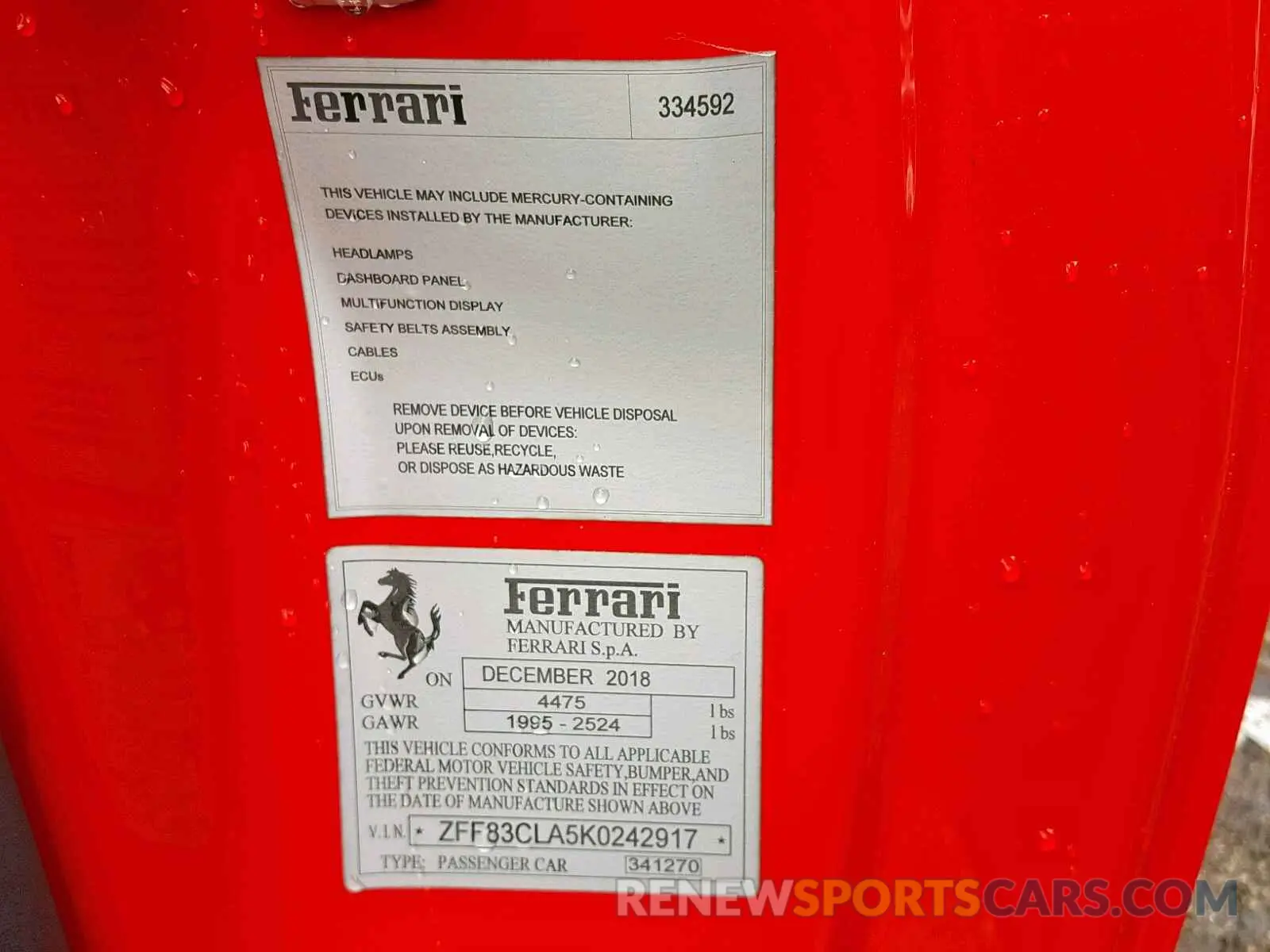 10 fotografías del automóvil dañado ZFF83CLA5K0242917 FERRARI 812 SUPERF 2019