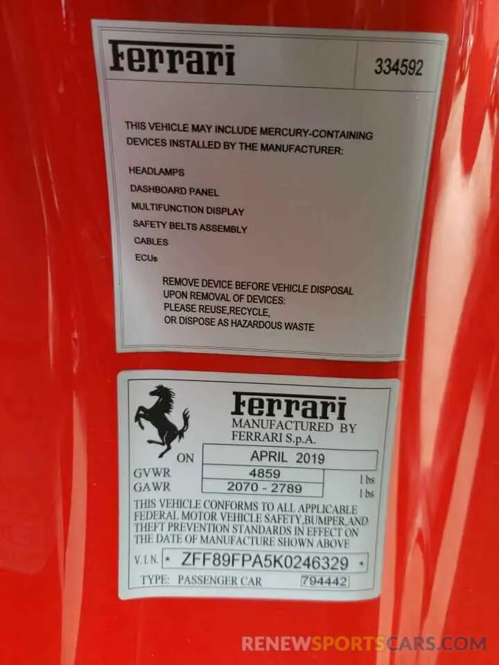 10 fotografías del automóvil dañado ZFF89FPA5K0246329 FERRARI ALL MODELS 2019