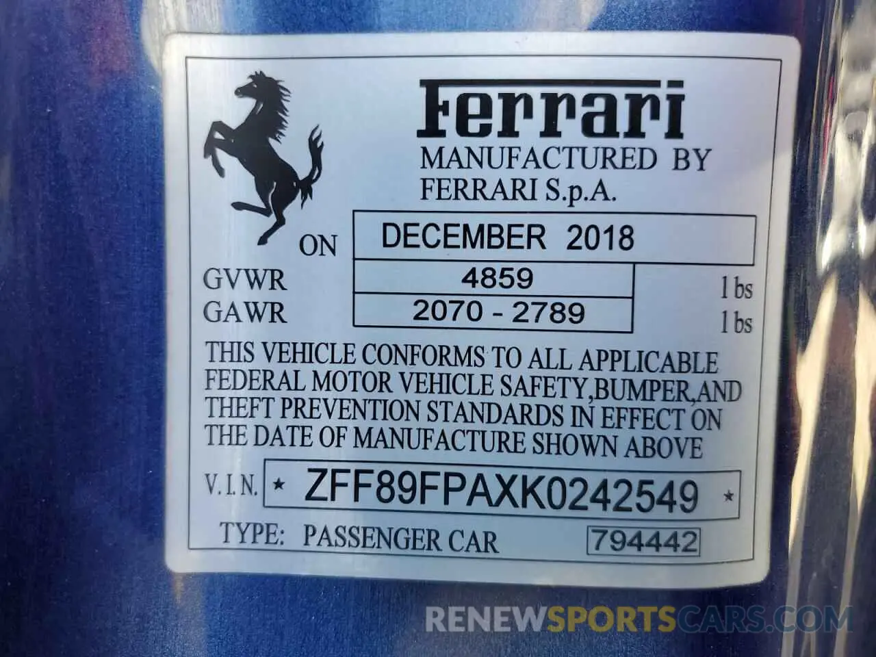 13 fotografías del automóvil dañado ZFF89FPAXK0242549 FERRARI ALL MODELS 2019