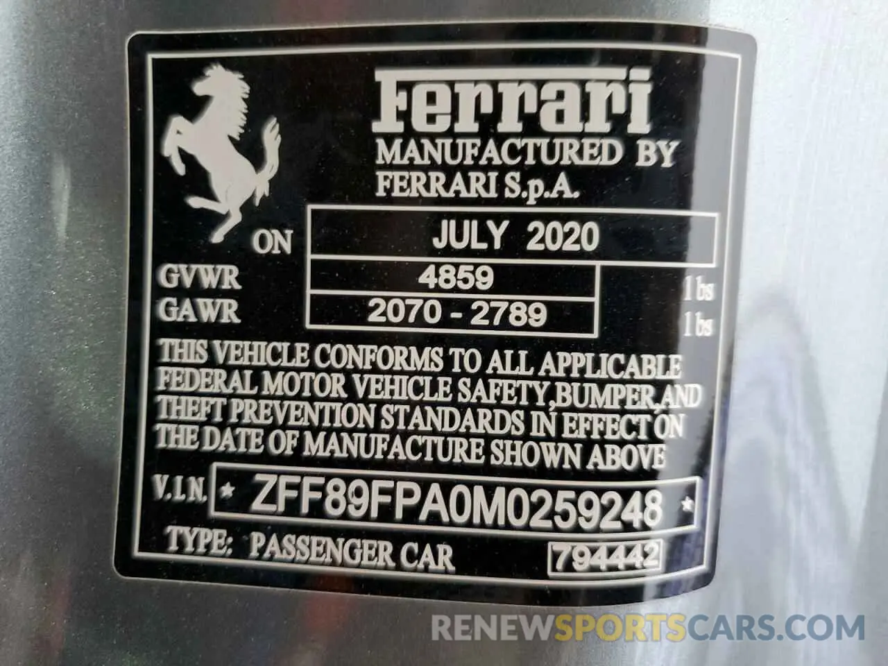 12 fotografías del automóvil dañado ZFF89FPA0M0259248 FERRARI ALL MODELS 2021