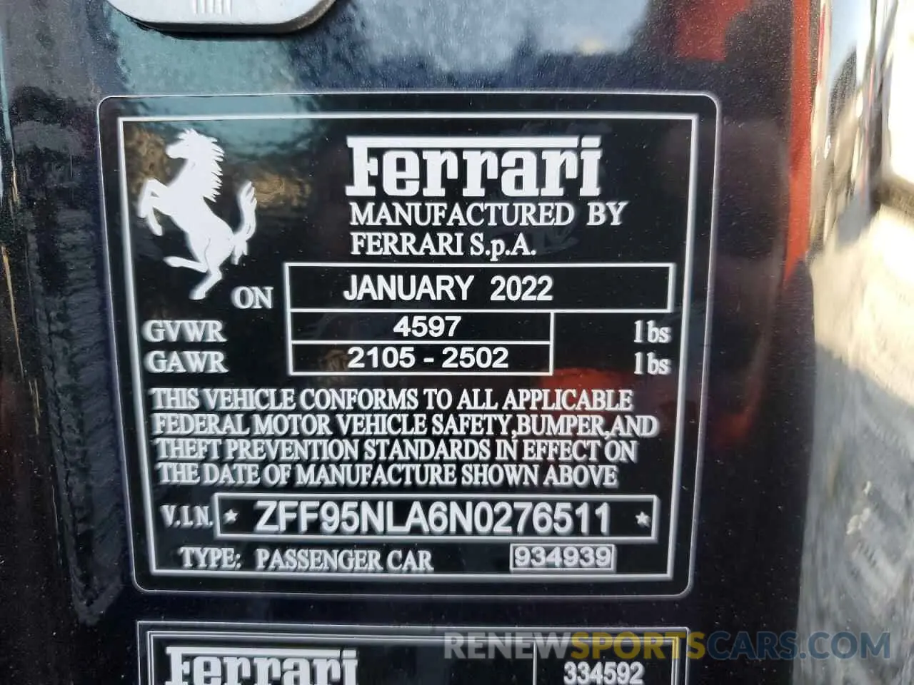 13 fotografías del automóvil dañado ZFF95NLA6N0276511 FERRARI ALL MODELS 2022