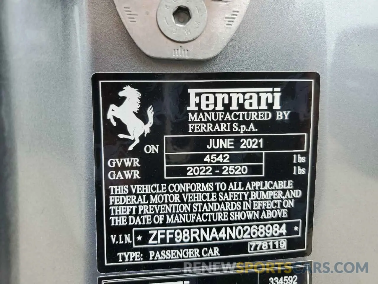 13 fotografías del automóvil dañado ZFF98RNA4N0268984 FERRARI ALL MODELS 2022